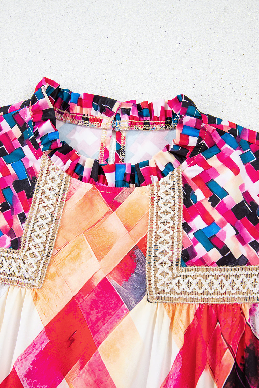 Rose Red Abstract Geometric Pattern Patchwork Puff Sleeve Blouse-Tops/Blouses & Shirts-[Adult]-[Female]-2022 Online Blue Zone Planet