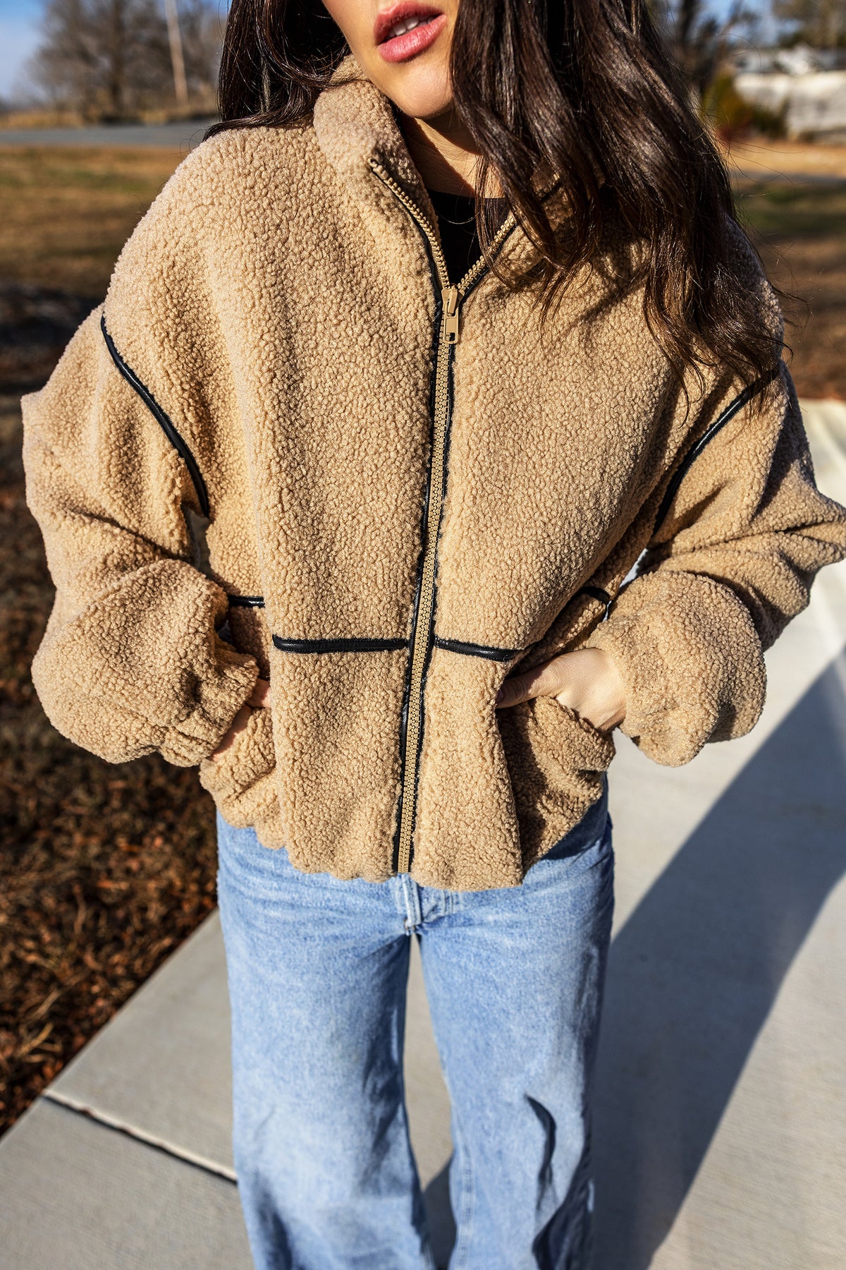 Parchment Drop Shoulder Collar Long Sleeve Fleece Regular Fit Jacket