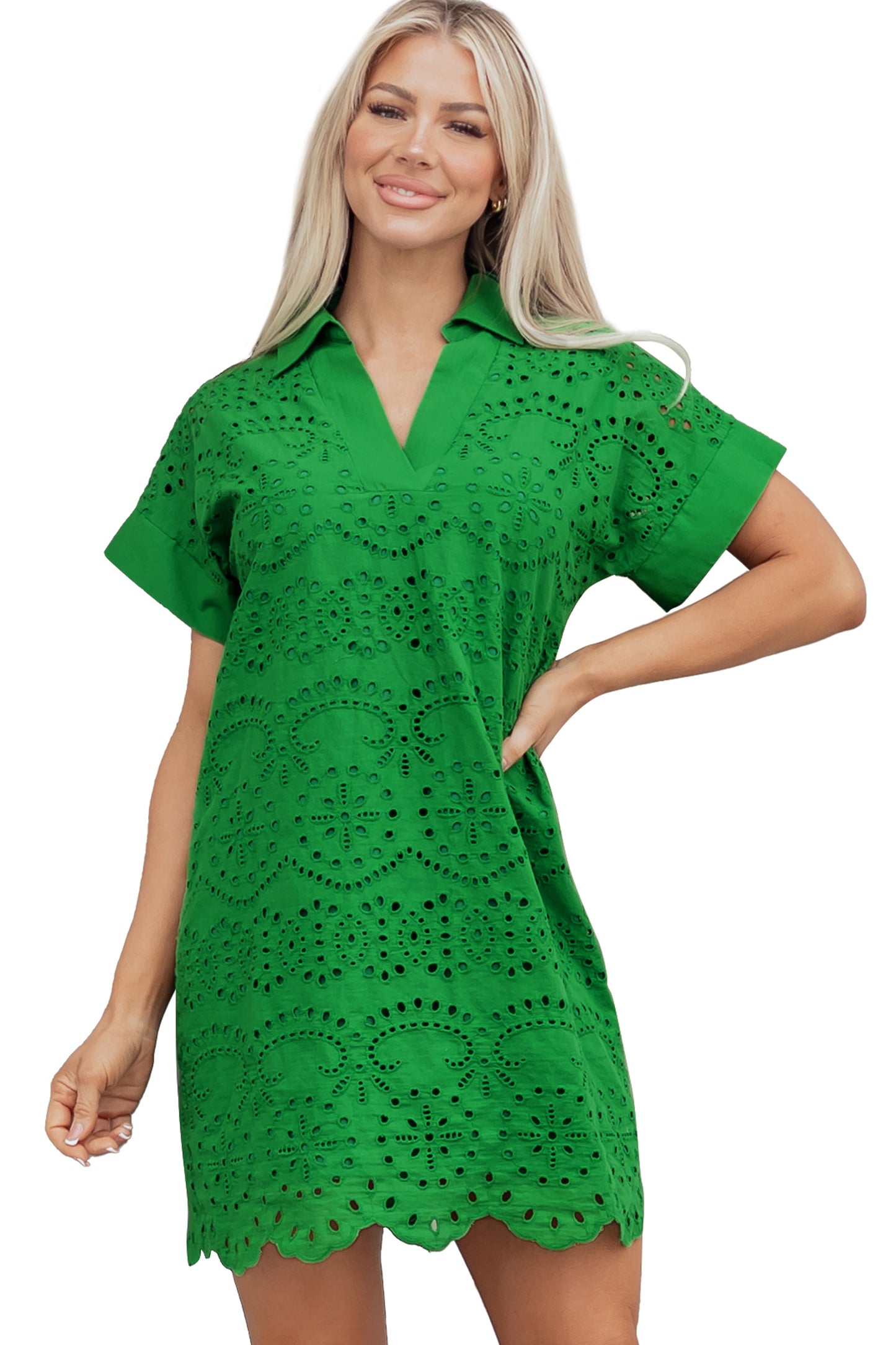 Green Solid Color Eyelet Embroidered T Shirt Mini Dress-TOPS / DRESSES-[Adult]-[Female]-2022 Online Blue Zone Planet