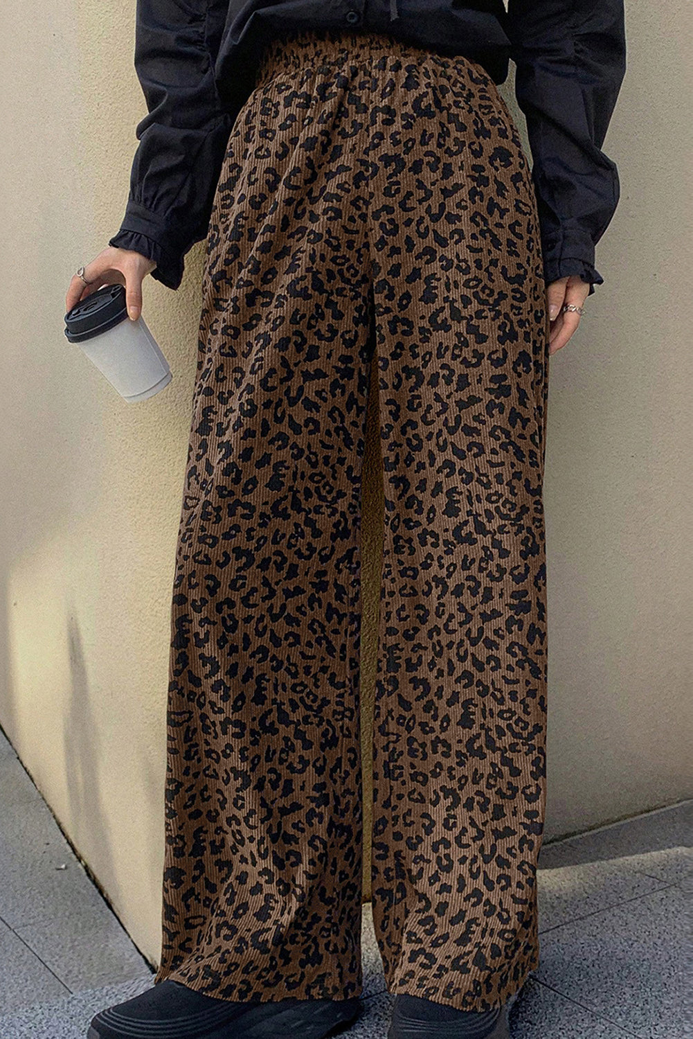 Dark Brown Leopard Print Elastic High Waist Loose Corduroy Pants-Bottoms/Pants & Culotte-[Adult]-[Female]-2022 Online Blue Zone Planet