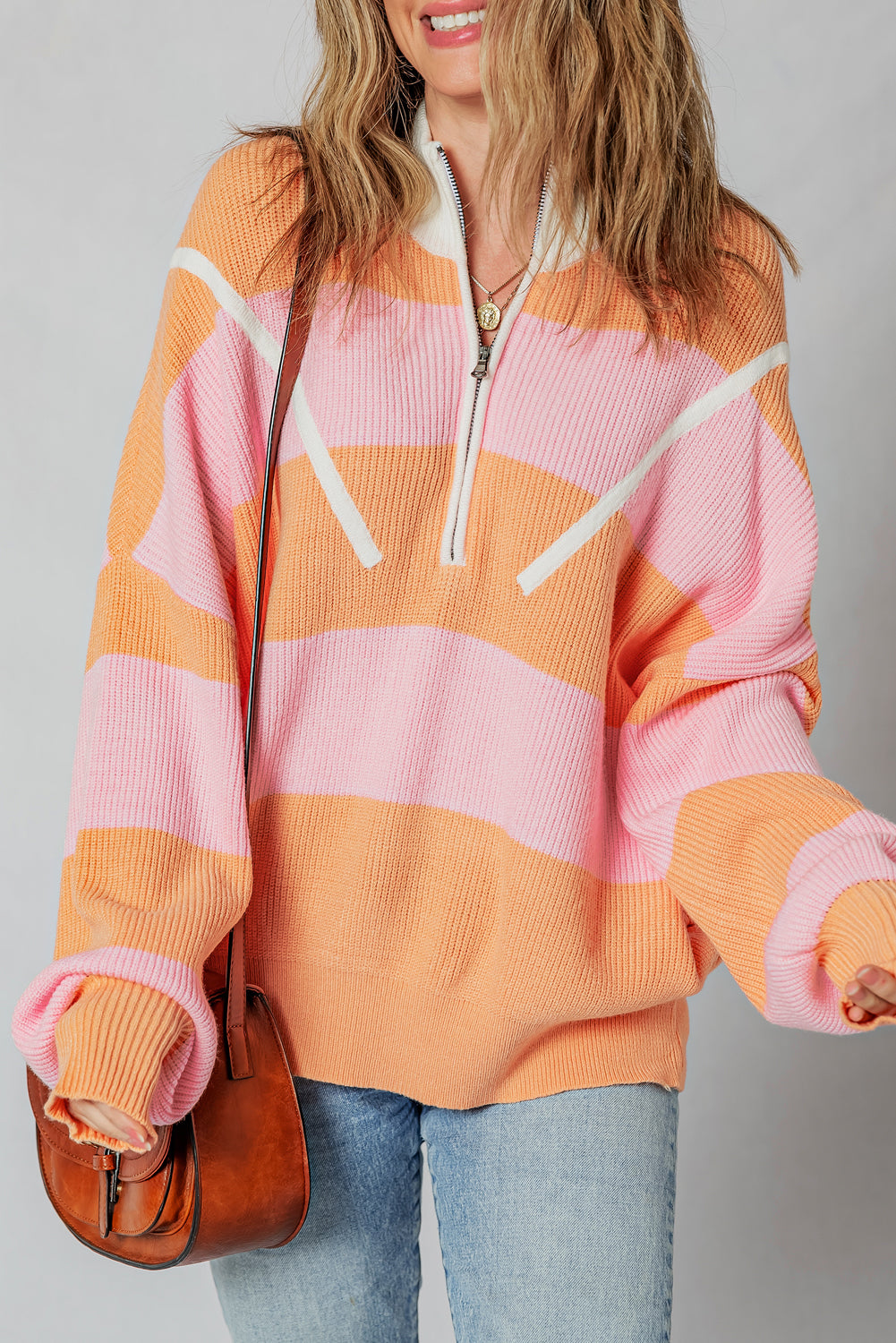 Orange Stripe Colorblock Half Zip Oversize Sweater-Sweaters & Cardigans/Sweaters-[Adult]-[Female]-2022 Online Blue Zone Planet
