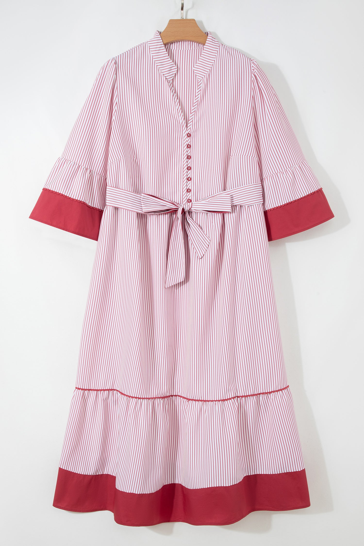 Red Stripe Plus Size Ruffled Hem Pinstriped Midi Dress-TOPS / DRESSES-[Adult]-[Female]-2022 Online Blue Zone Planet