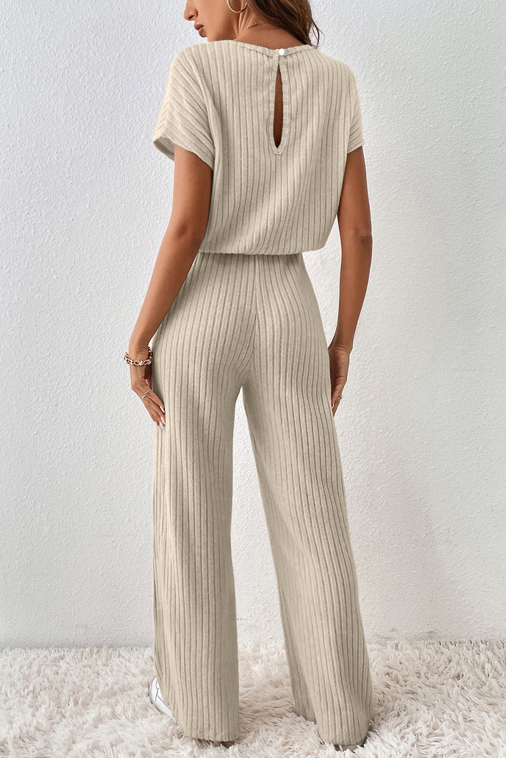 Laurel Green Ribbed Keyhole Short Sleeve Wide Leg Jumpsuit-Bottoms/Jumpsuits & Rompers-[Adult]-[Female]-2022 Online Blue Zone Planet
