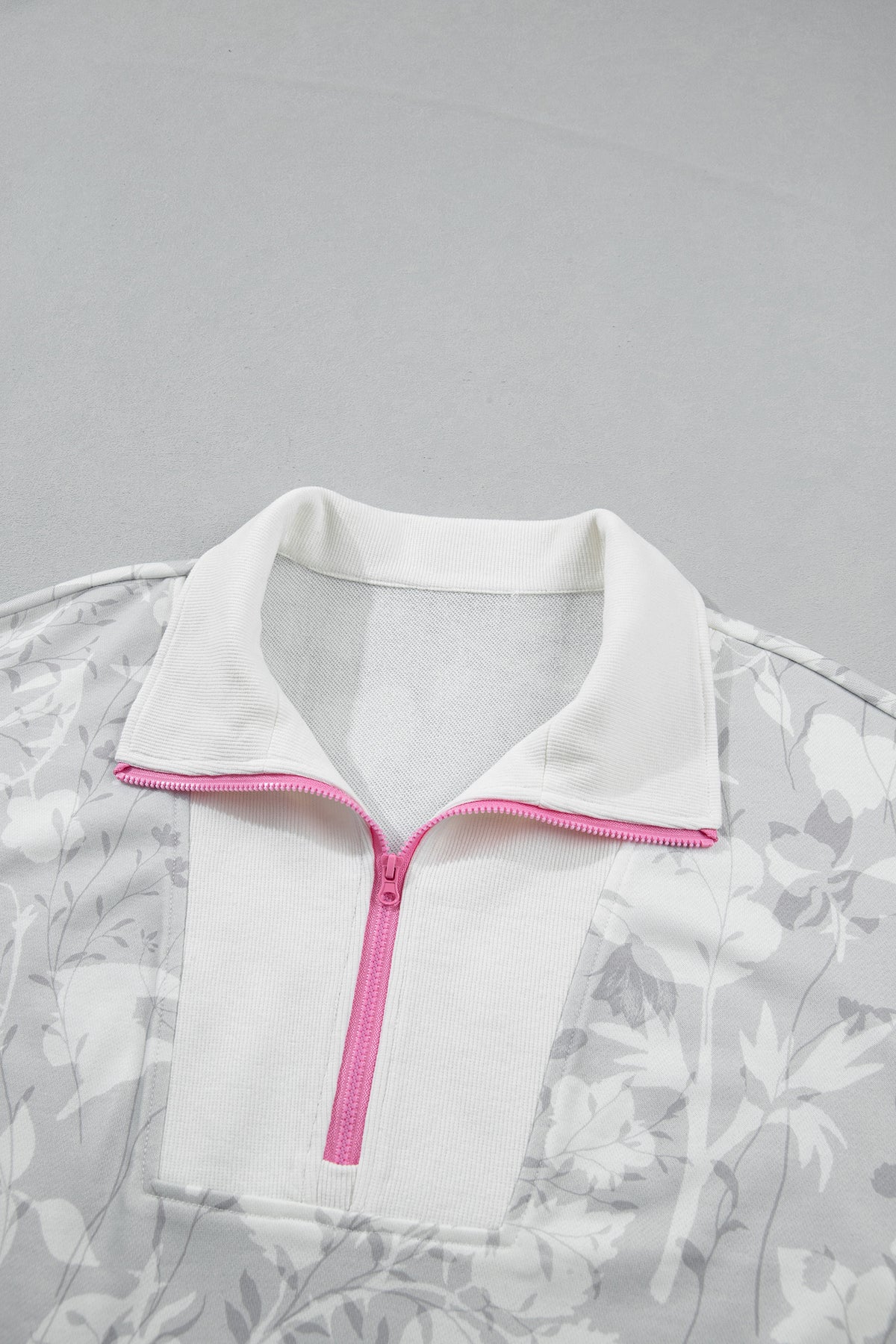 Gray Floral Print Quarter Zip Stand Neck Long Sleeve Sweatshirt-Tops/Sweatshirts & Hoodies-[Adult]-[Female]-2022 Online Blue Zone Planet