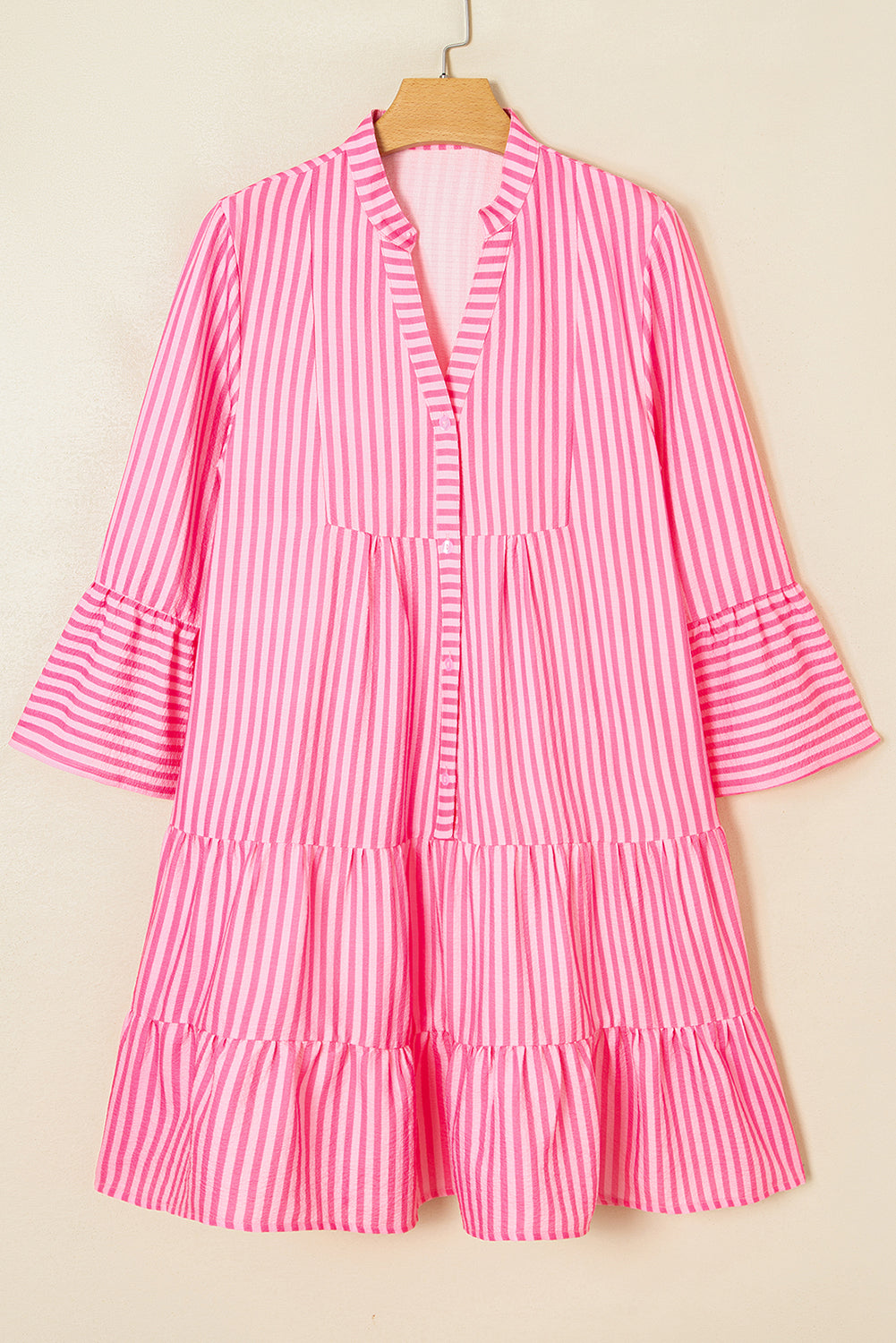 Pink Stripe Flare Sleeve Half Placket Tiered Flowy Mini Dress-TOPS / DRESSES-[Adult]-[Female]-2022 Online Blue Zone Planet