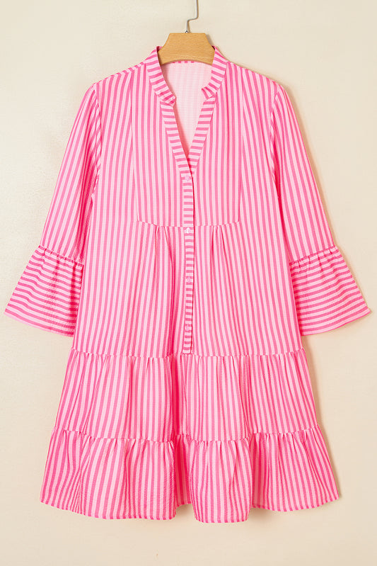 Pink Stripe Flare Sleeve Half Placket Tiered Flowy Mini Dress-TOPS / DRESSES-[Adult]-[Female]-2022 Online Blue Zone Planet
