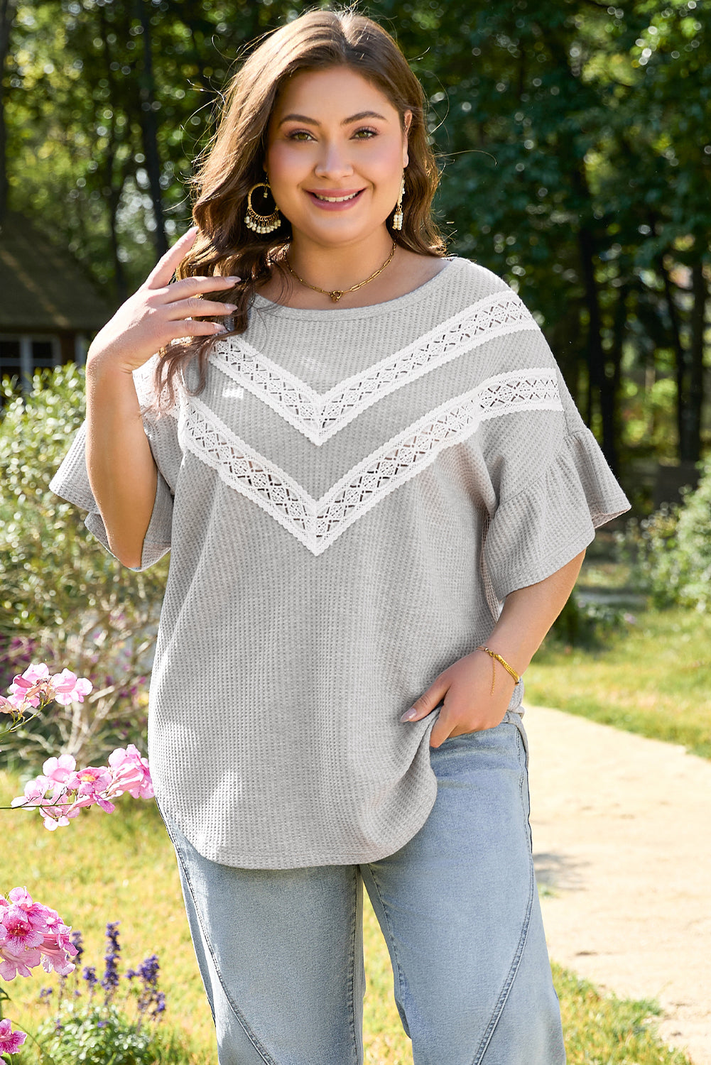 Light Grey Lace Insert Waffle Ruffle Short Sleeve Plus Size Top-Plus Size/Plus Size Tops/Plus Size Tops & Tees-[Adult]-[Female]-2022 Online Blue Zone Planet