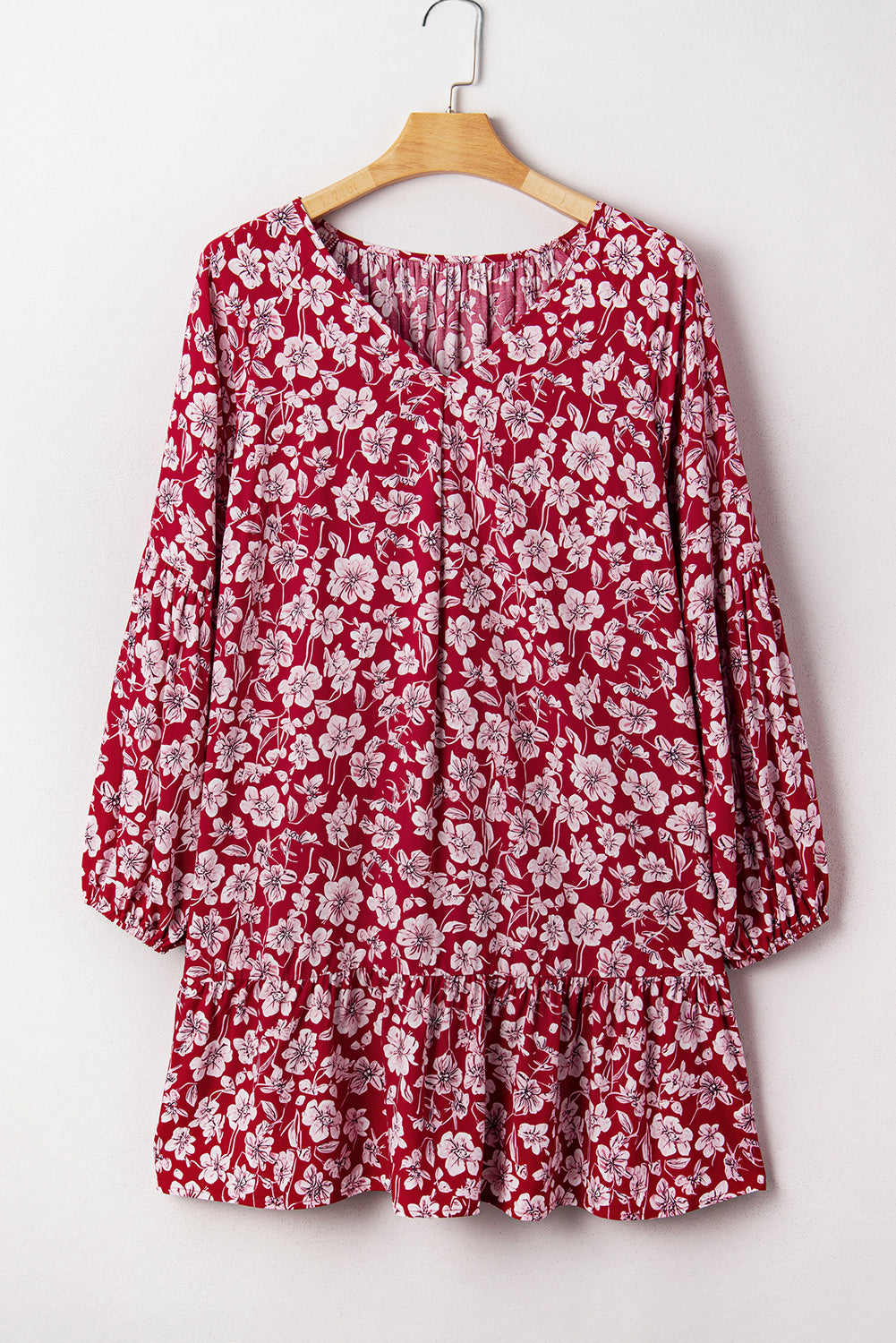 Purple Plus Floral Balloon Sleeve V Neck Relaxed Dress-Plus Size/Plus Size Dresses/Plus Size Mini Dresses-[Adult]-[Female]-2022 Online Blue Zone Planet