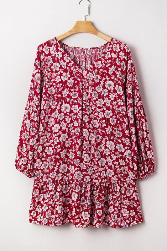 Purple Plus Floral Balloon Sleeve V Neck Relaxed Dress-Plus Size/Plus Size Dresses/Plus Size Mini Dresses-[Adult]-[Female]-2022 Online Blue Zone Planet