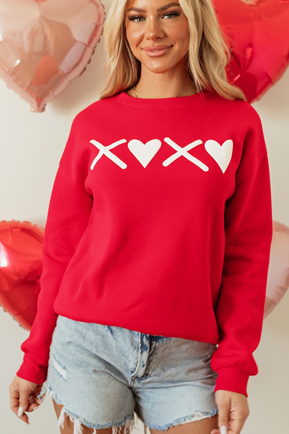 Valentine’s Day XOXO Round Neck Drop Shoulder Sweatshirt-TOPS / DRESSES-[Adult]-[Female]-2022 Online Blue Zone Planet