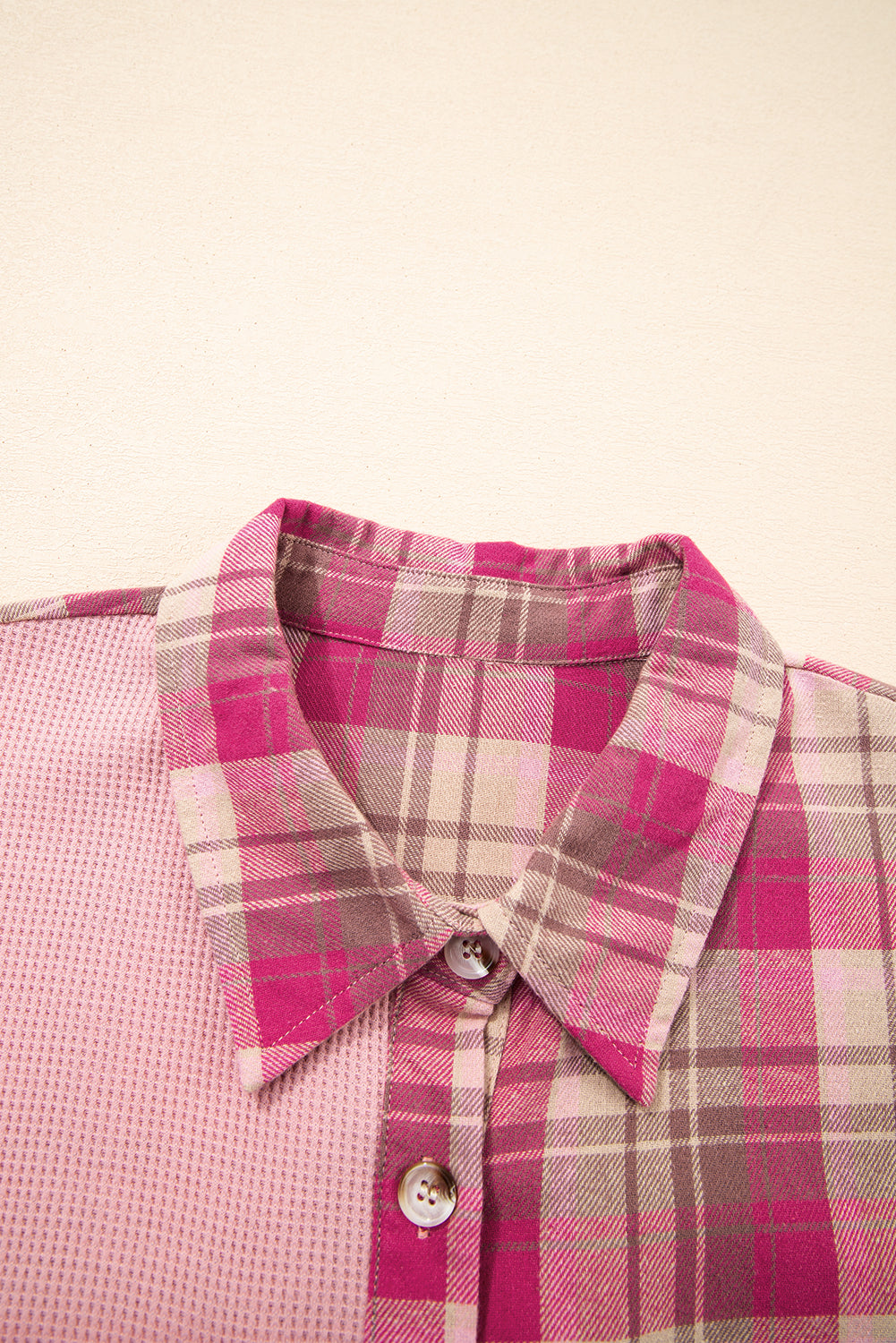 Pink Waffle Patch Pocket Plaid Patchwork Plus Size Shirt-Plus Size/Plus Size Outerwear-[Adult]-[Female]-2022 Online Blue Zone Planet