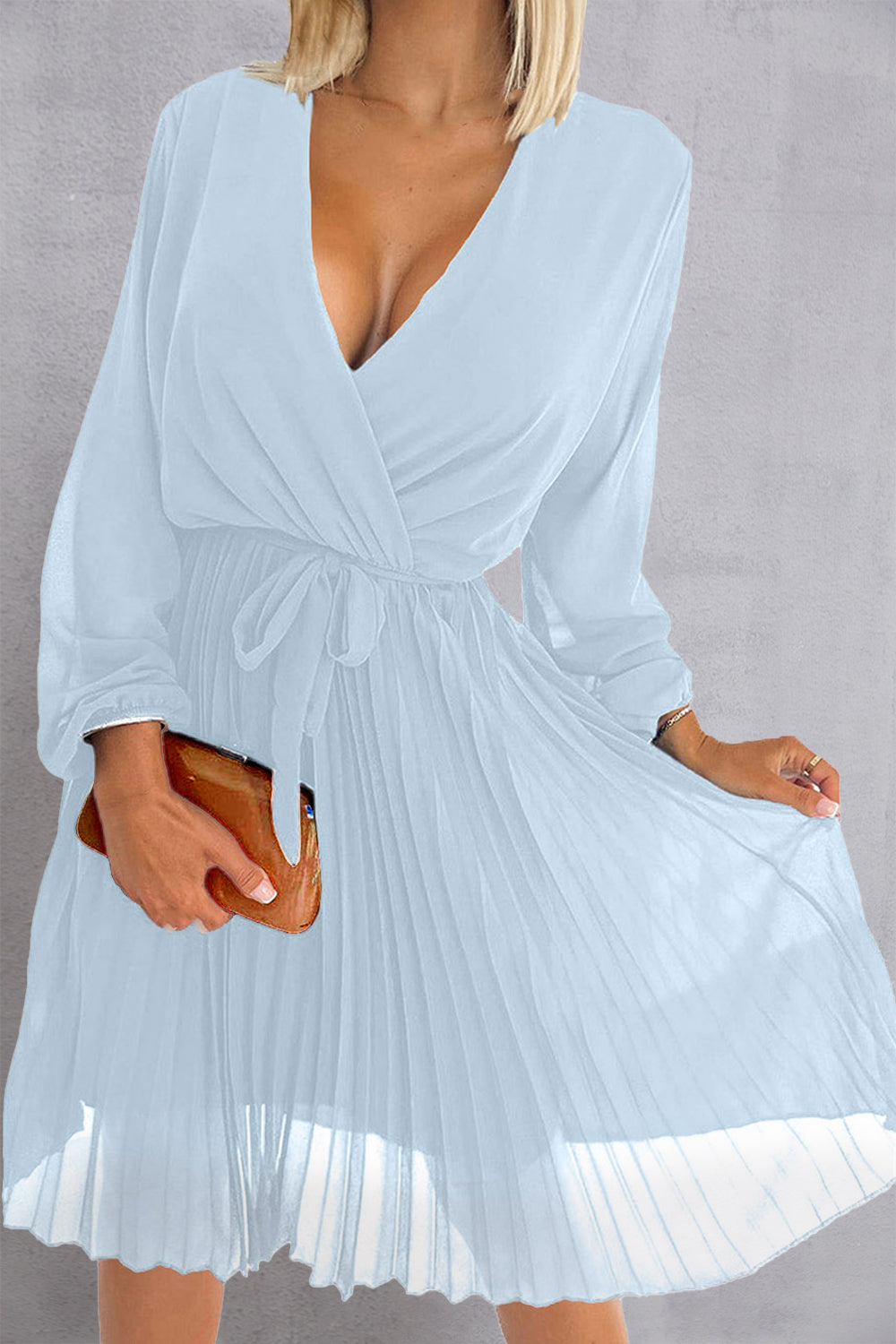 Tied Surplice Long Sleeve Pleated Dress-TOPS / DRESSES-[Adult]-[Female]-Light Blue-S-2022 Online Blue Zone Planet