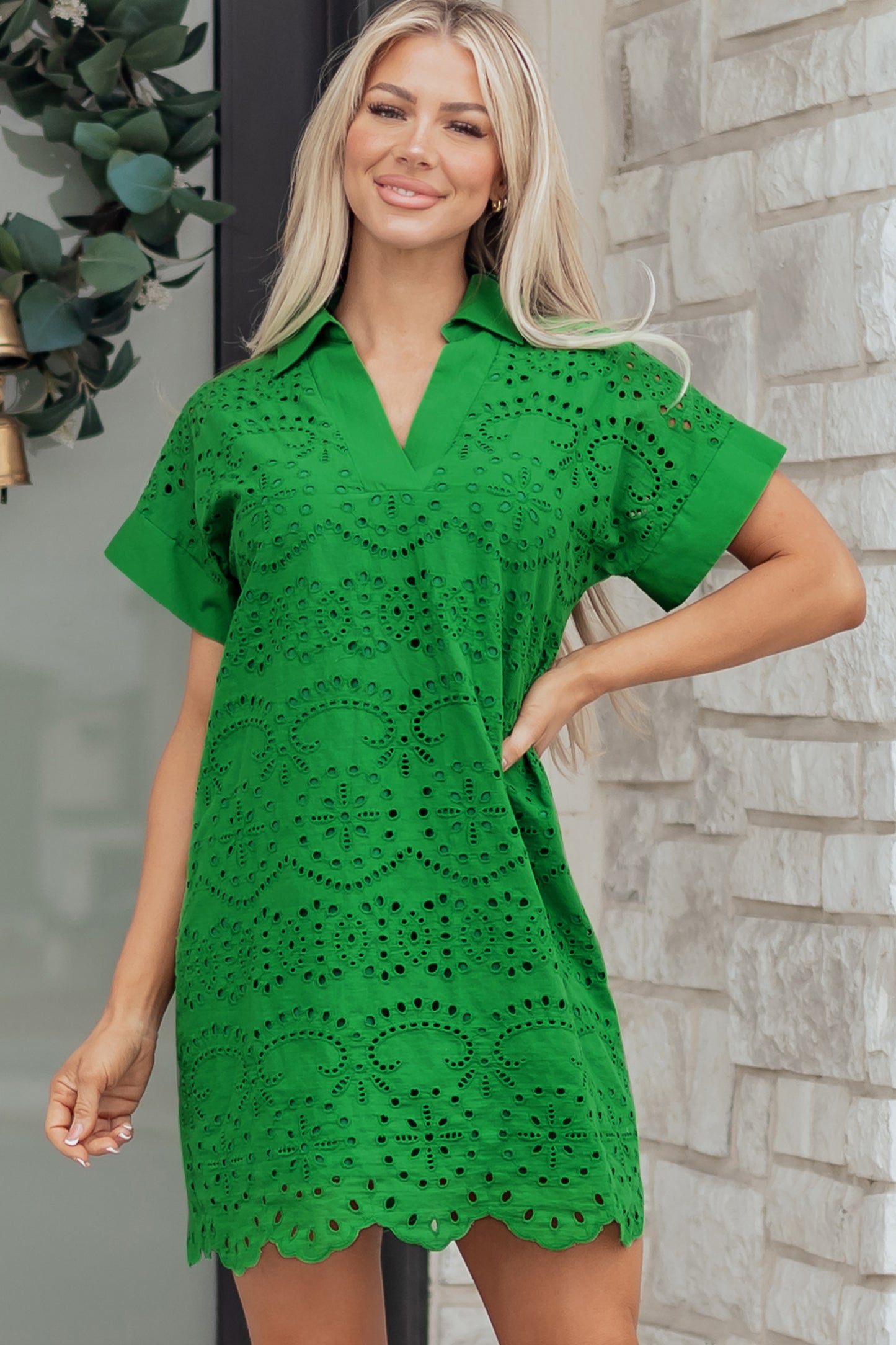Green Solid Color Eyelet Embroidered T Shirt Mini Dress-TOPS / DRESSES-[Adult]-[Female]-2022 Online Blue Zone Planet