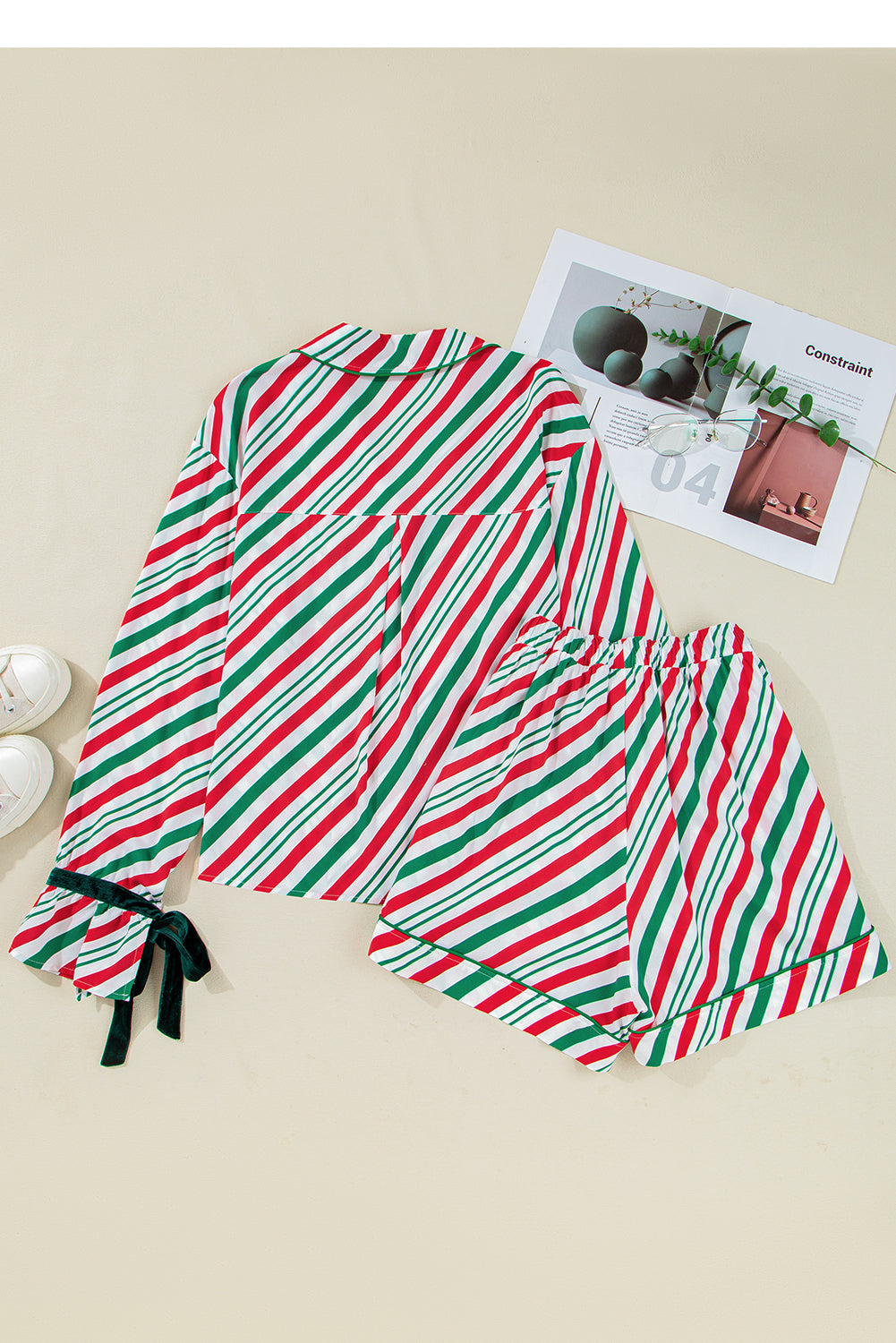 Green Striped Piping Trim Velvet Ribbon Knot Christmas Pajama Set-Loungewear Set-[Adult]-[Female]-2022 Online Blue Zone Planet
