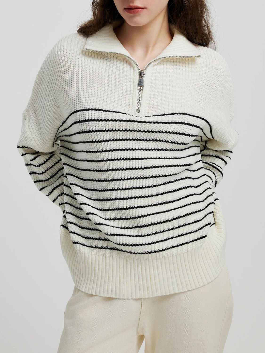 Striped Half Zip Long Sleeve Sweater-TOPS / DRESSES-[Adult]-[Female]-Black-One Size-2022 Online Blue Zone Planet