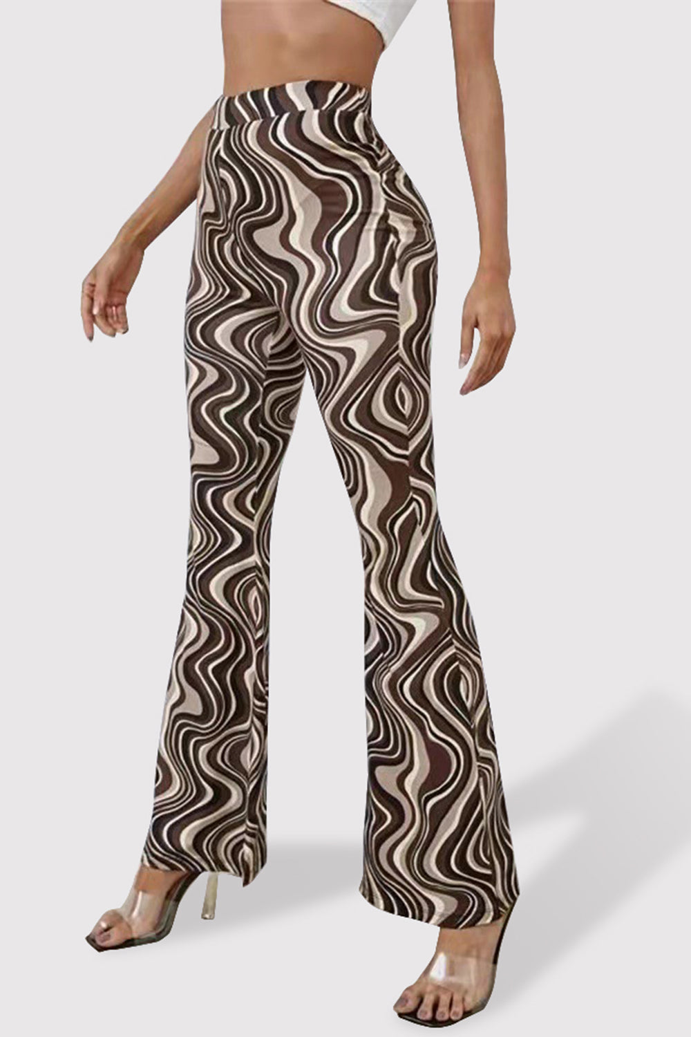 Printed High Waist Flare Pants-[Adult]-[Female]-2022 Online Blue Zone Planet