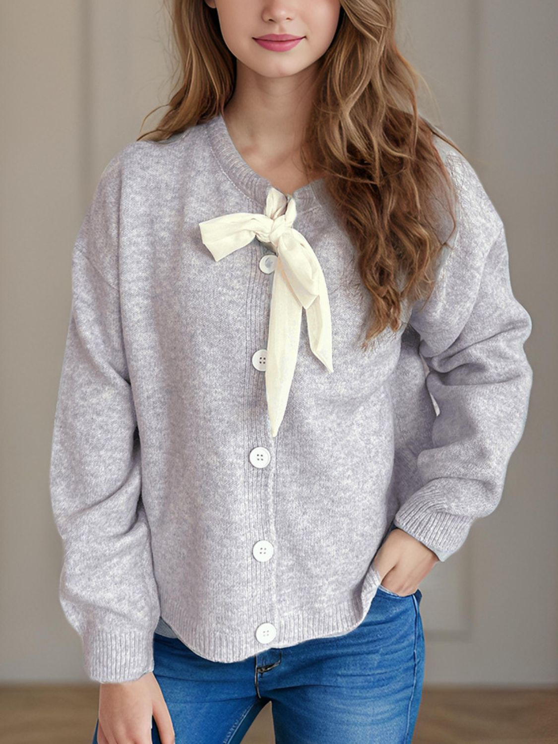 Tied Button Down Long Sleeve Cardigan-NEW ARRIVALS-[Adult]-[Female]-Light Gray-One Size-2022 Online Blue Zone Planet