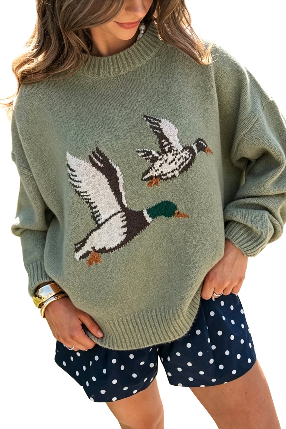 Laurel Green Flying Mallard Pattern Round Neck Drop Shoulder Knit Sweater-TOPS / DRESSES-[Adult]-[Female]-2022 Online Blue Zone Planet
