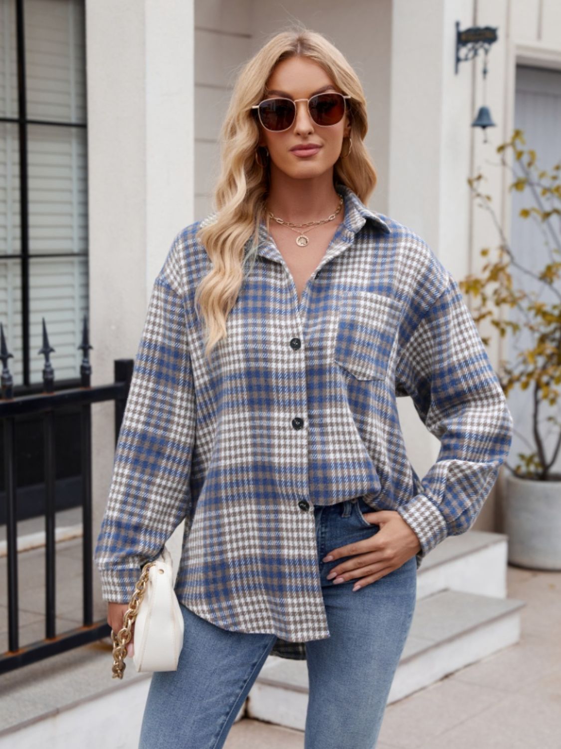 Mandy Pocketed Plaid Collared Neck Long Sleeve Shirt-TOPS / DRESSES-[Adult]-[Female]-2022 Online Blue Zone Planet