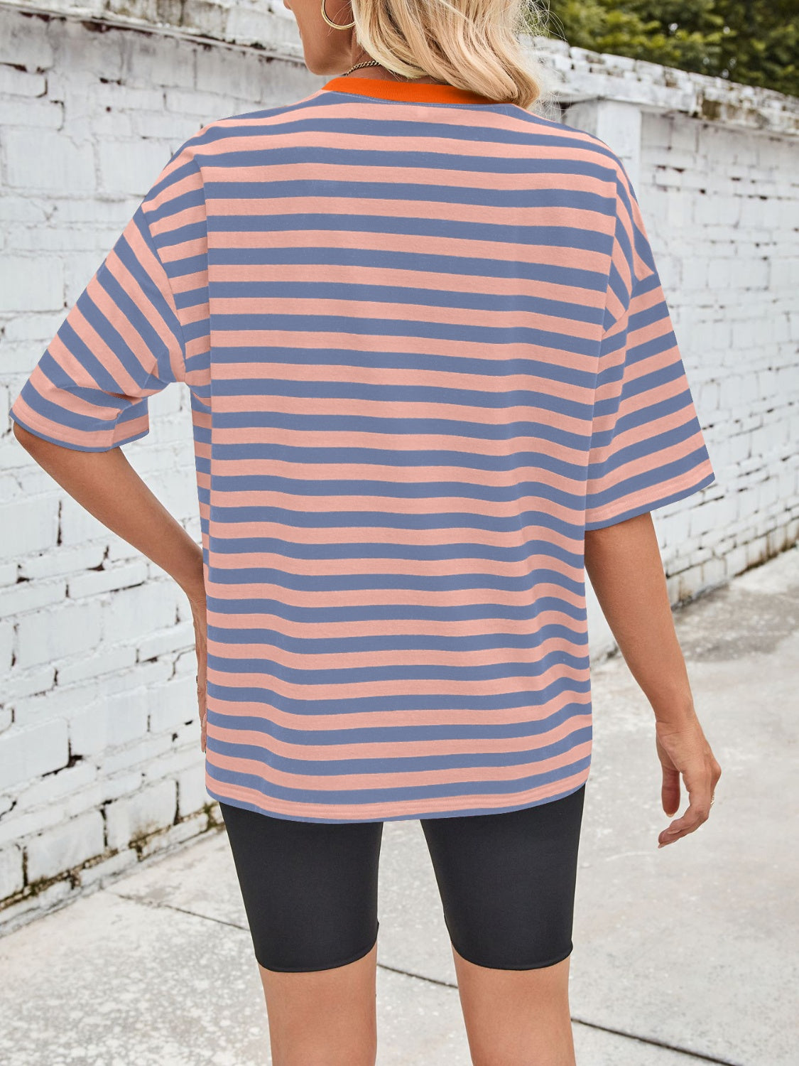 Lovelet Striped Round Neck Half Sleeve T-Shirt-TOPS / DRESSES-[Adult]-[Female]-2022 Online Blue Zone Planet