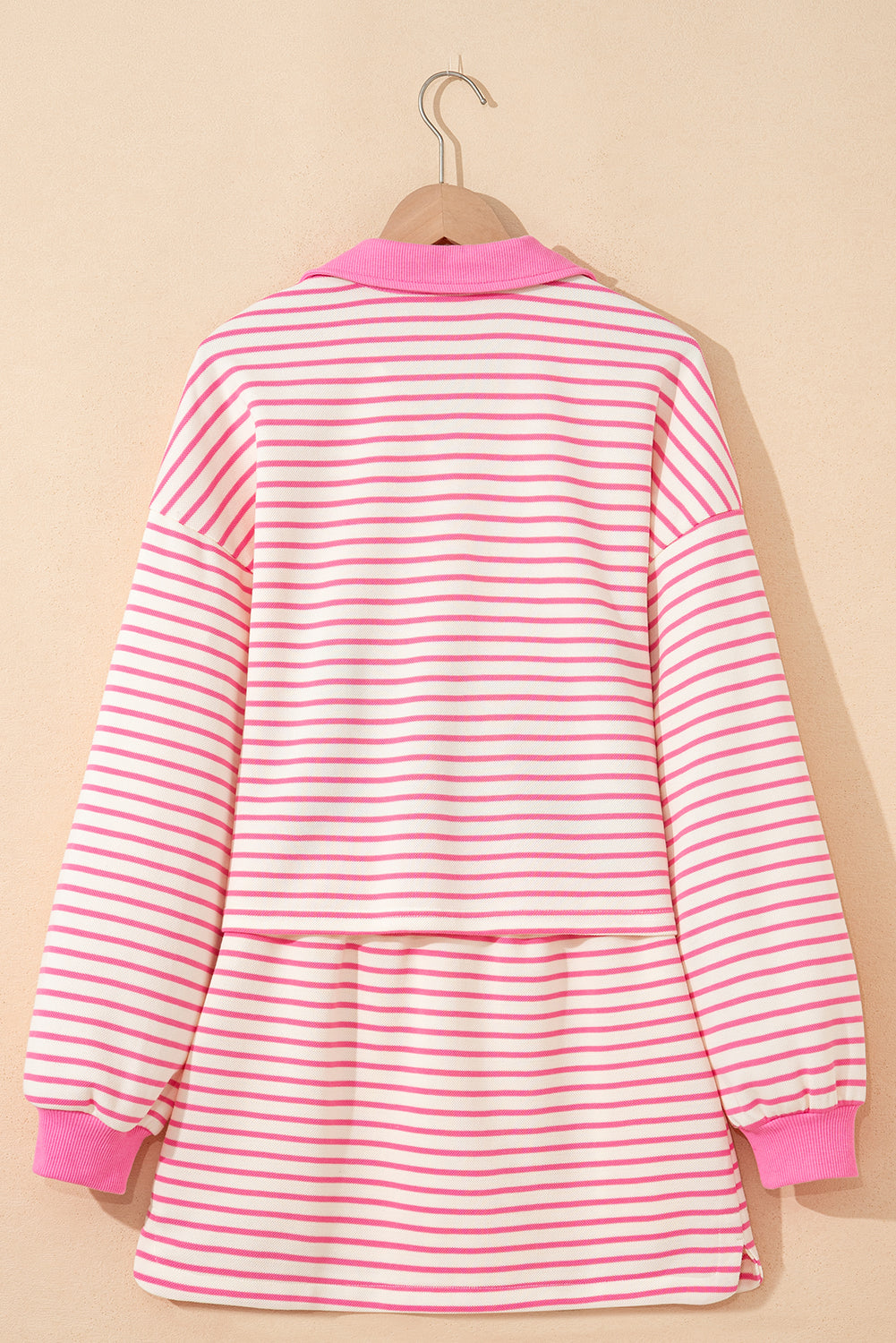 Pink Stripe Collared V Neck Drop Shoulder Pullover And Skort 2Pcs Outfit-Two Piece Sets/Two Piece Dresses-[Adult]-[Female]-2022 Online Blue Zone Planet