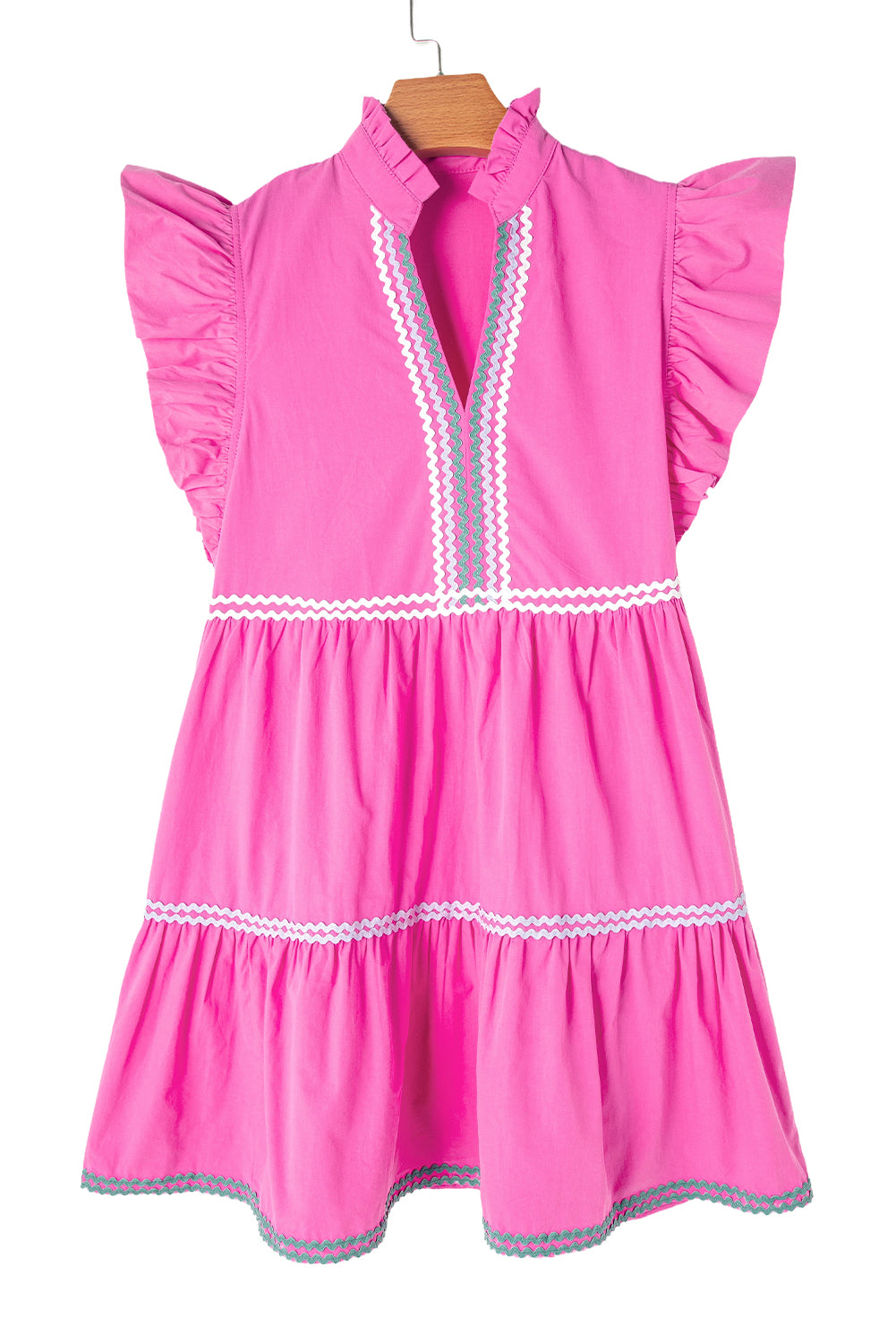 Blue Zone Planet | Strawberry Pink Ric Rac Colorblock Flutter Sleeve V Neck Tiered Dress-TOPS / DRESSES-[Adult]-[Female]-2022 Online Blue Zone Planet