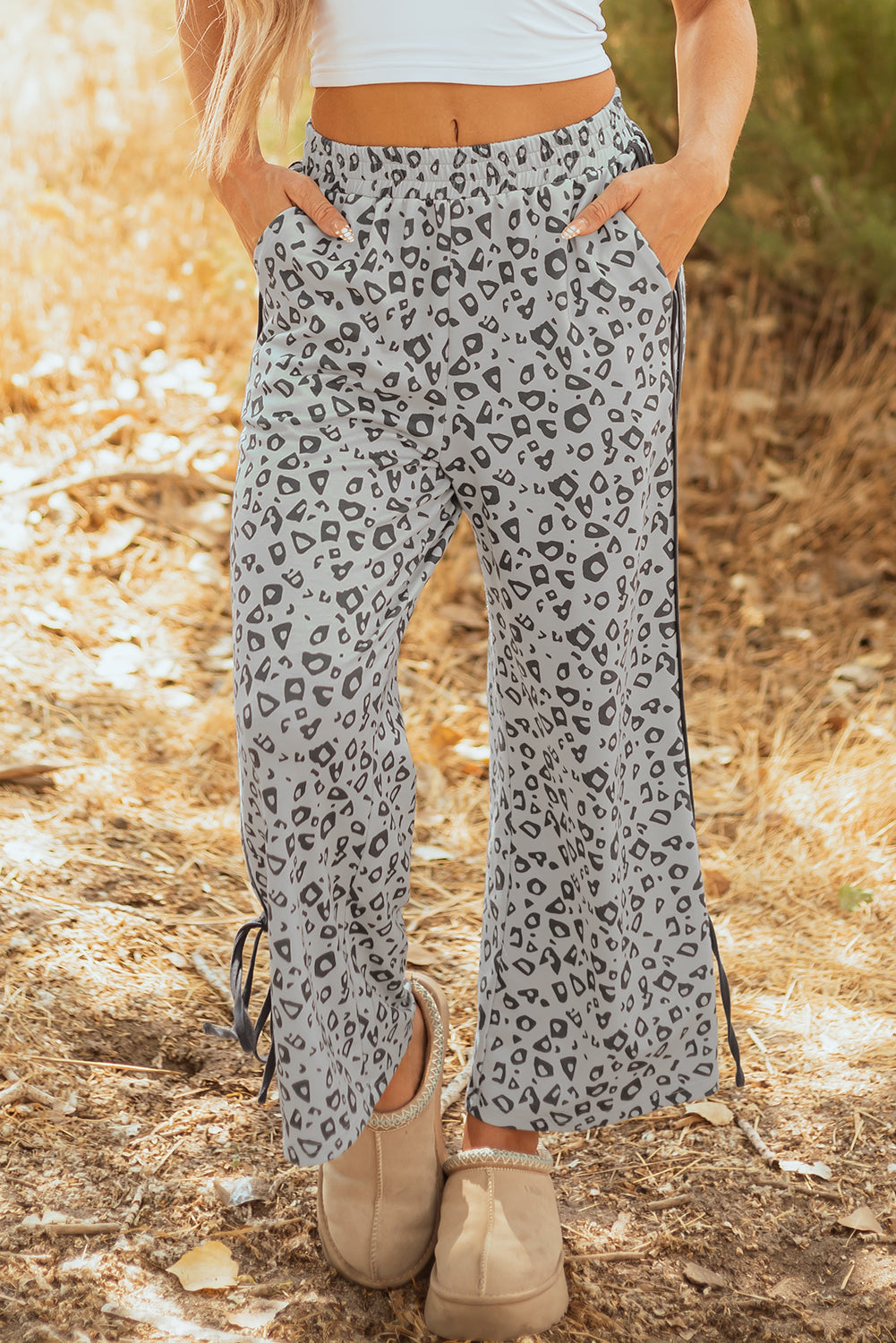 Khaki Leopard High Waist Side Bow Straight Leg-Bottoms/Pants & Culotte-[Adult]-[Female]-2022 Online Blue Zone Planet