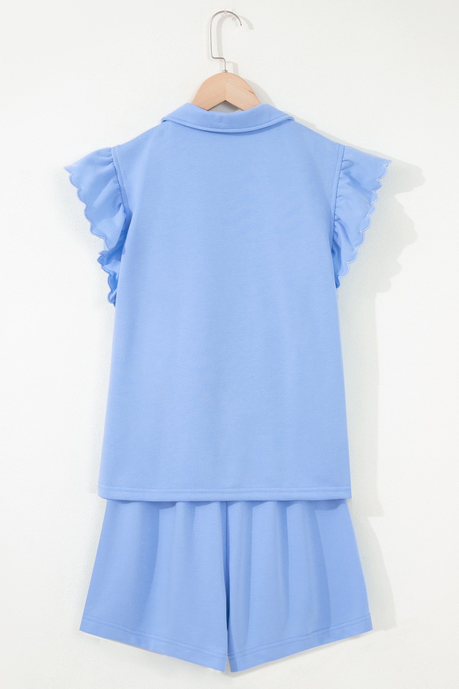 Sky Blue Half Zipped Ruffled Short Set-Two Piece Sets/Short Sets-[Adult]-[Female]-2022 Online Blue Zone Planet