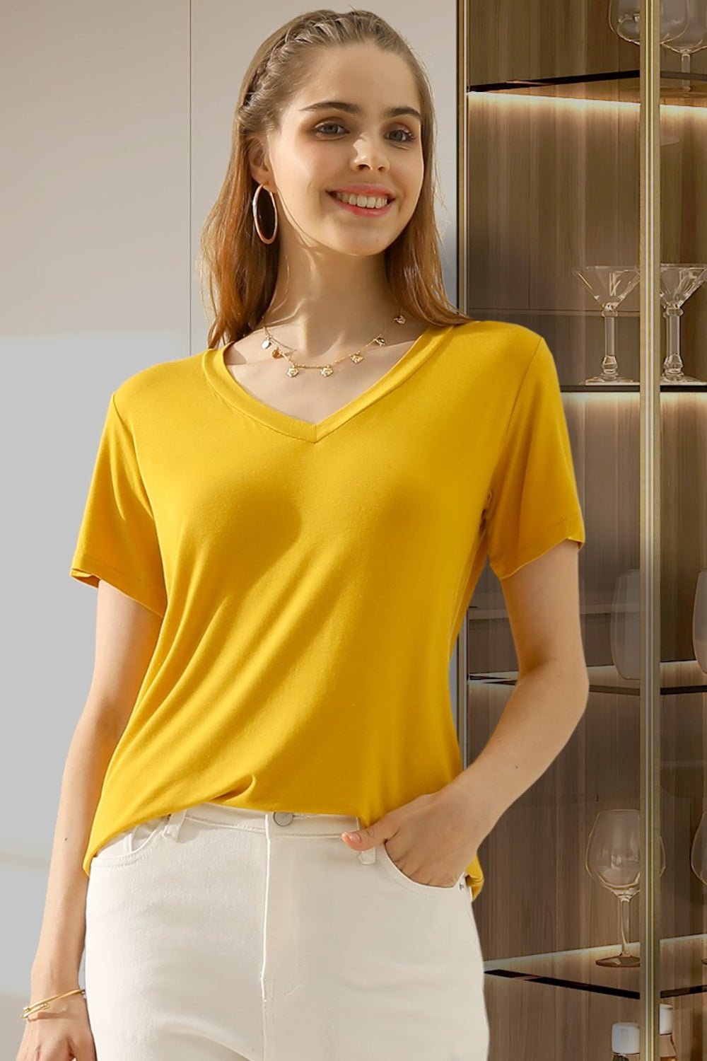 Blue Zone Planet | Ninexis Full Size V-Neck Short Sleeve T-Shirt-TOPS / DRESSES-[Adult]-[Female]-MUSTARD-S-2022 Online Blue Zone Planet