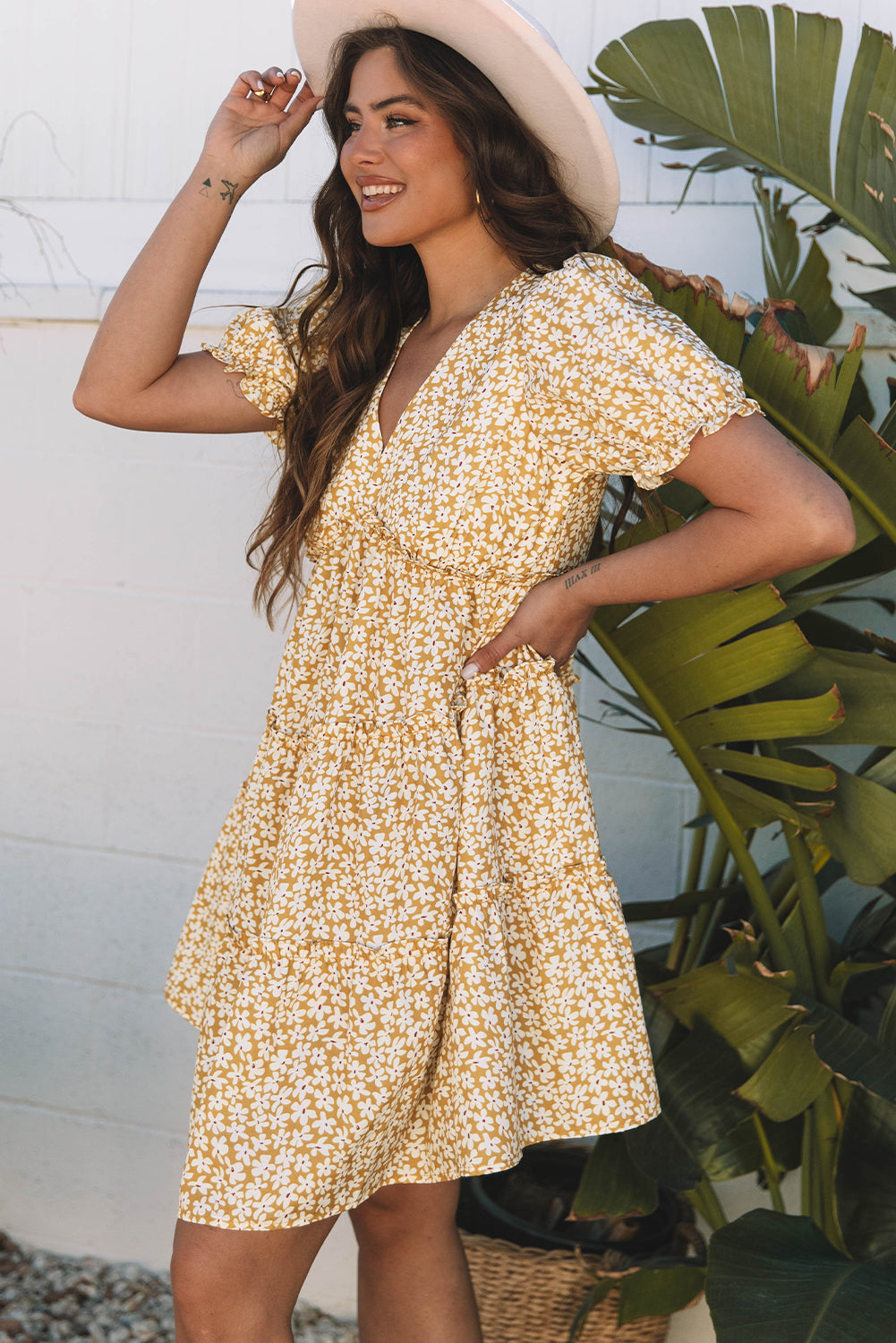 Yellow Floral Short Sleeve V Neck Frilly Tiered Mini Dress-Dresses/Floral Dresses-[Adult]-[Female]-2022 Online Blue Zone Planet
