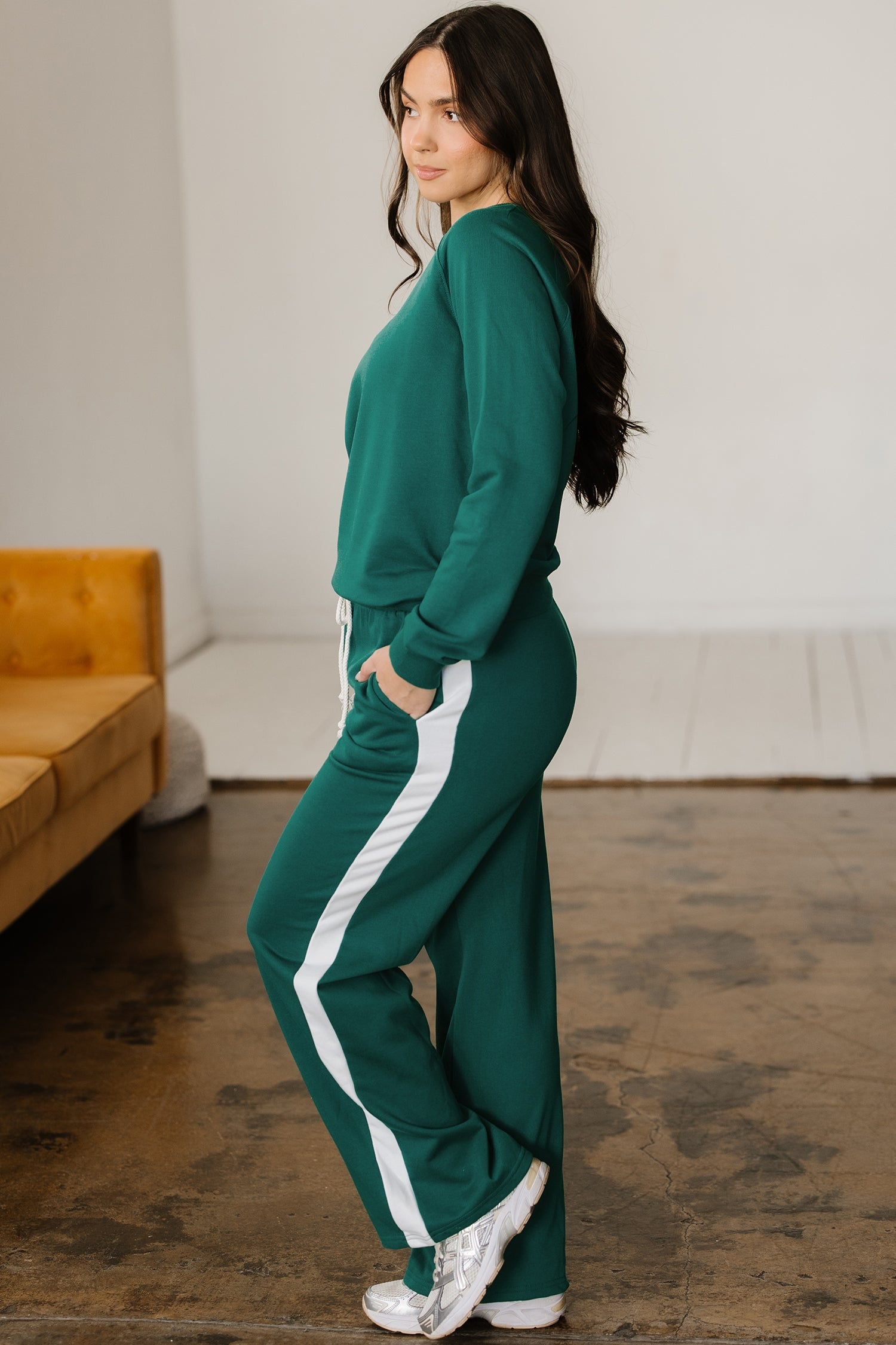 Sea Green Solid Color Pullover Top Varsity Stripe Detail Loose Drawstring Pants Set-Two Piece Sets/Pant Sets-[Adult]-[Female]-2022 Online Blue Zone Planet