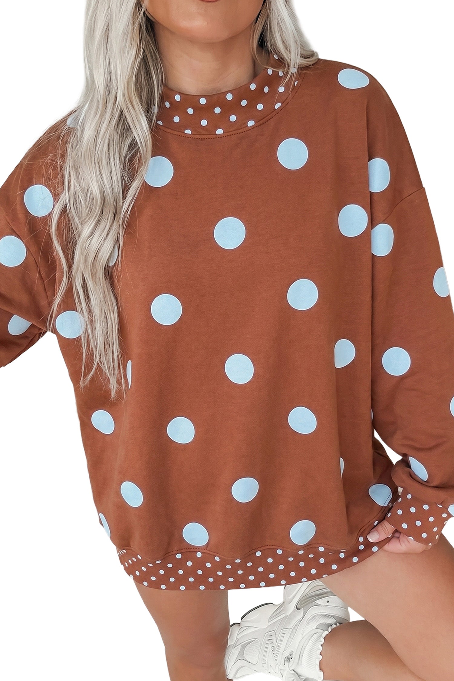 Pink Polka Dot Print Contrast Detail Oversized Tunic Sweatshirt-Tops/Sweatshirts & Hoodies-[Adult]-[Female]-2022 Online Blue Zone Planet