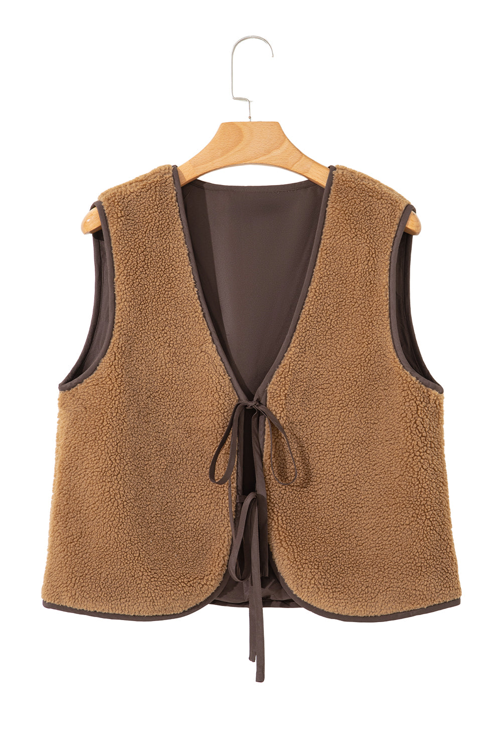 Light French Beige Contrast Trim Tie Front Sherpa Vest-Outerwear/Vests-[Adult]-[Female]-2022 Online Blue Zone Planet