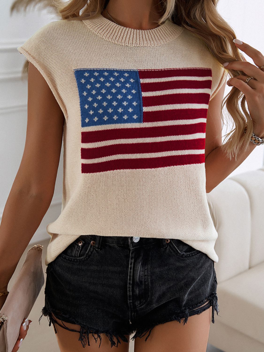 Blue Zone Planet | Devine US Flag Round Neck Sweater Vest-TOPS / DRESSES-[Adult]-[Female]-2022 Online Blue Zone Planet