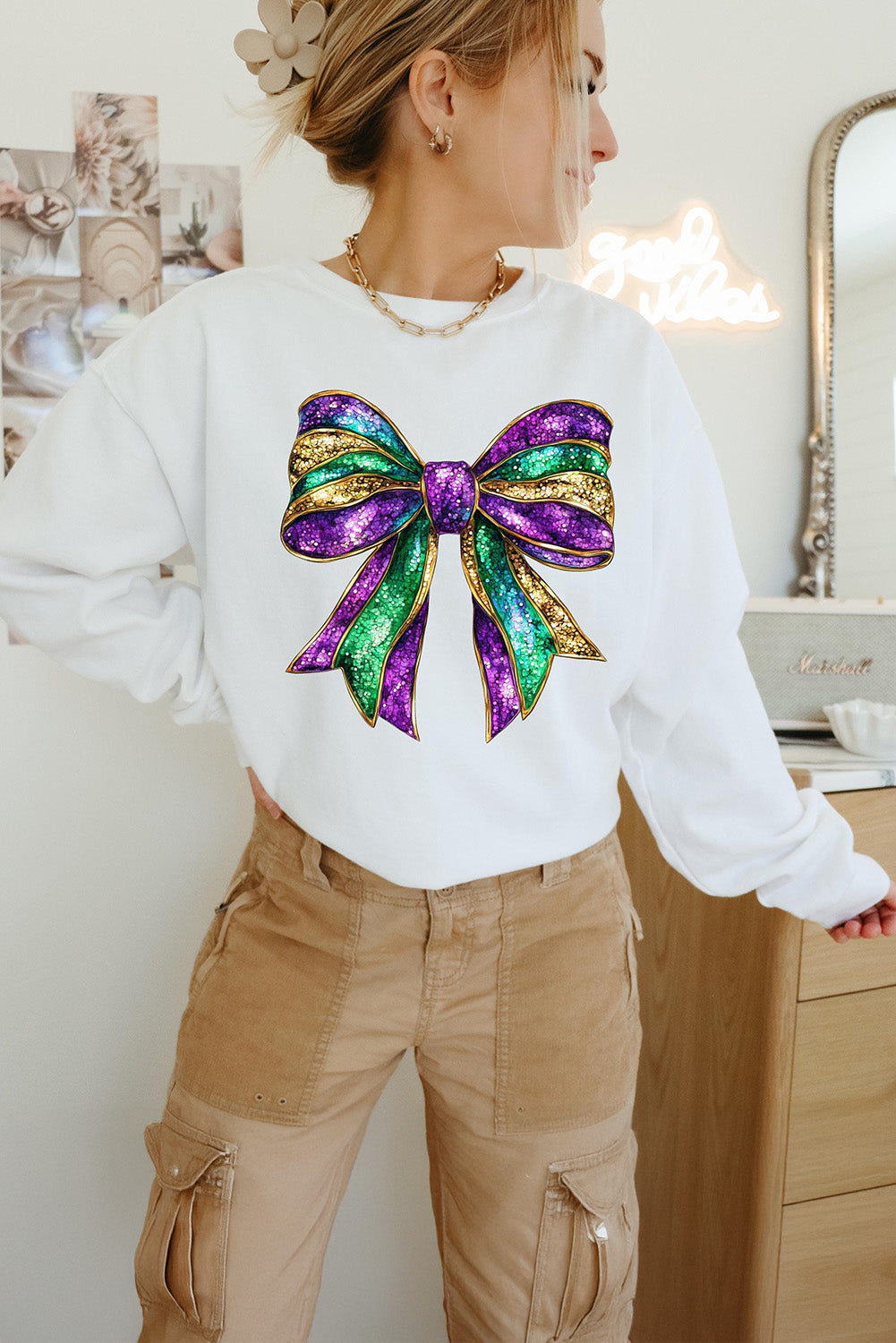 White Mardi Gras Bow Graphic Drop Shoulder Sweatshirt-Graphic/Graphic Sweatshirts-[Adult]-[Female]-2022 Online Blue Zone Planet