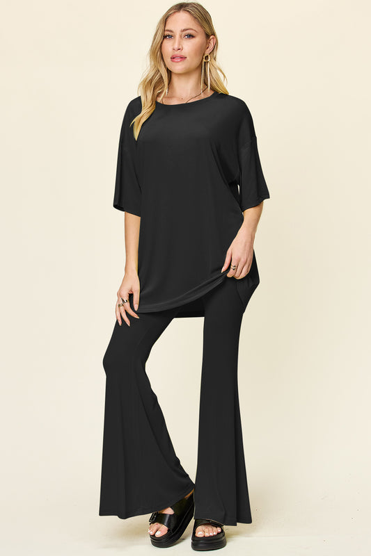 Blue Zone Planet | Double Take Full Size Round Neck Drop Shoulder T-Shirt and Flare Pants Set-TOPS / DRESSES-[Adult]-[Female]-Black-S-2022 Online Blue Zone Planet