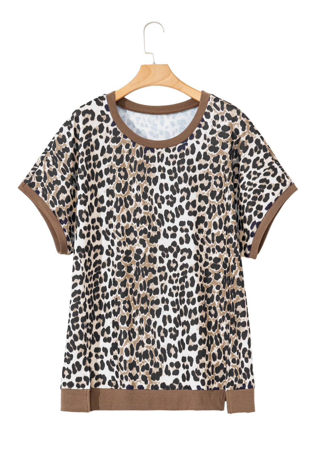 Khaki Leopard Contrast Trim Short Sleeve Loose Plus Size Top-Plus Size/Plus Size Tops/Plus Size Tops & Tees-[Adult]-[Female]-2022 Online Blue Zone Planet