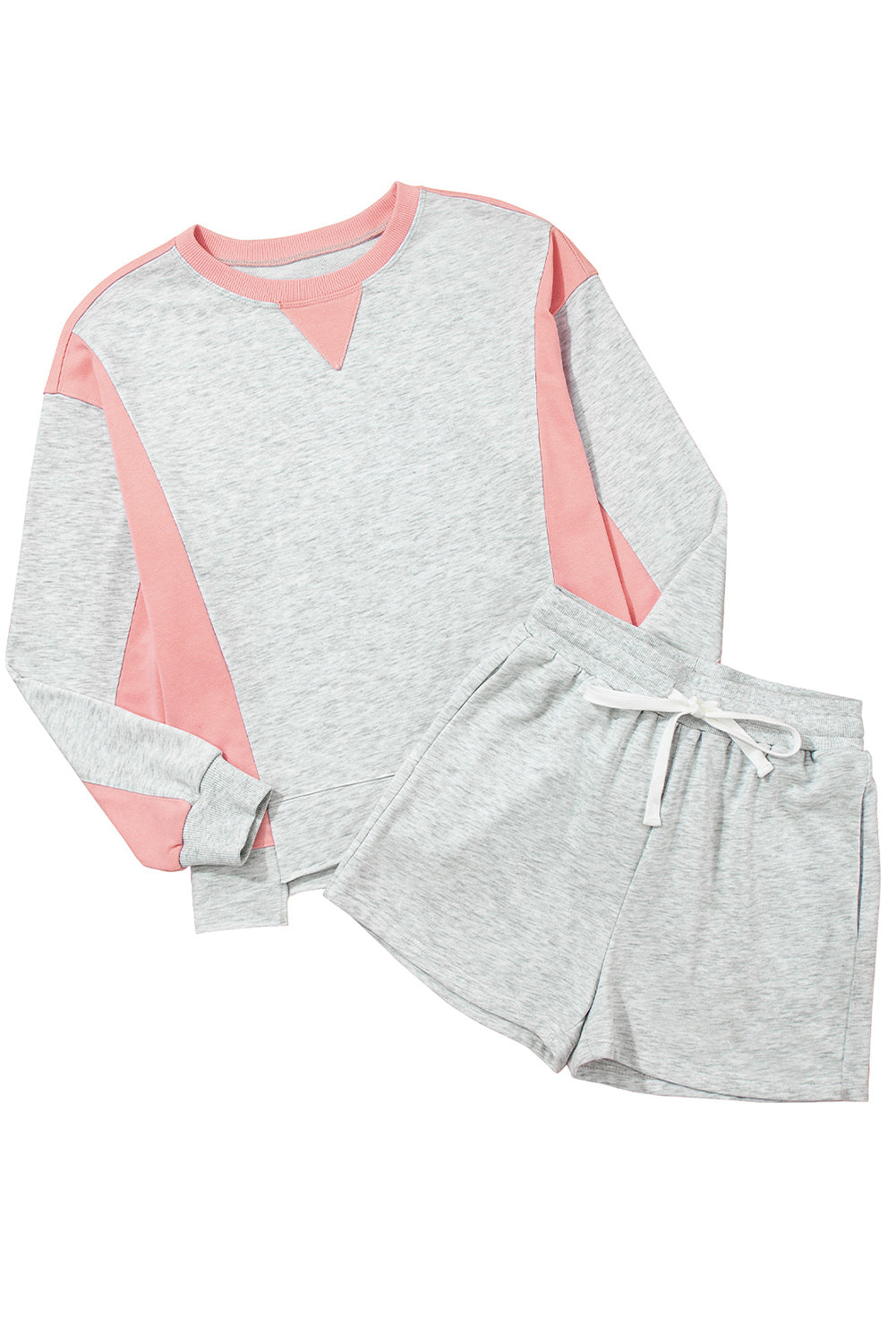 Light Grey Color Block Raw Hem Pullover and Casual Shorts Set-Two Piece Sets/Short Sets-[Adult]-[Female]-2022 Online Blue Zone Planet