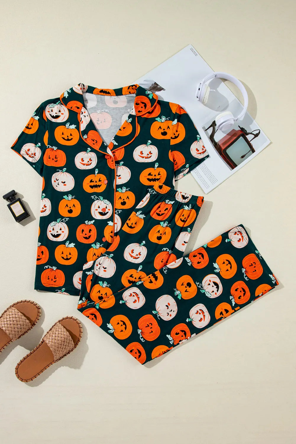 Pumpkin Printed Short Sleeve Top and Pants Lounge Set-BOTTOMS SIZES SMALL MEDIUM LARGE-[Adult]-[Female]-2022 Online Blue Zone Planet