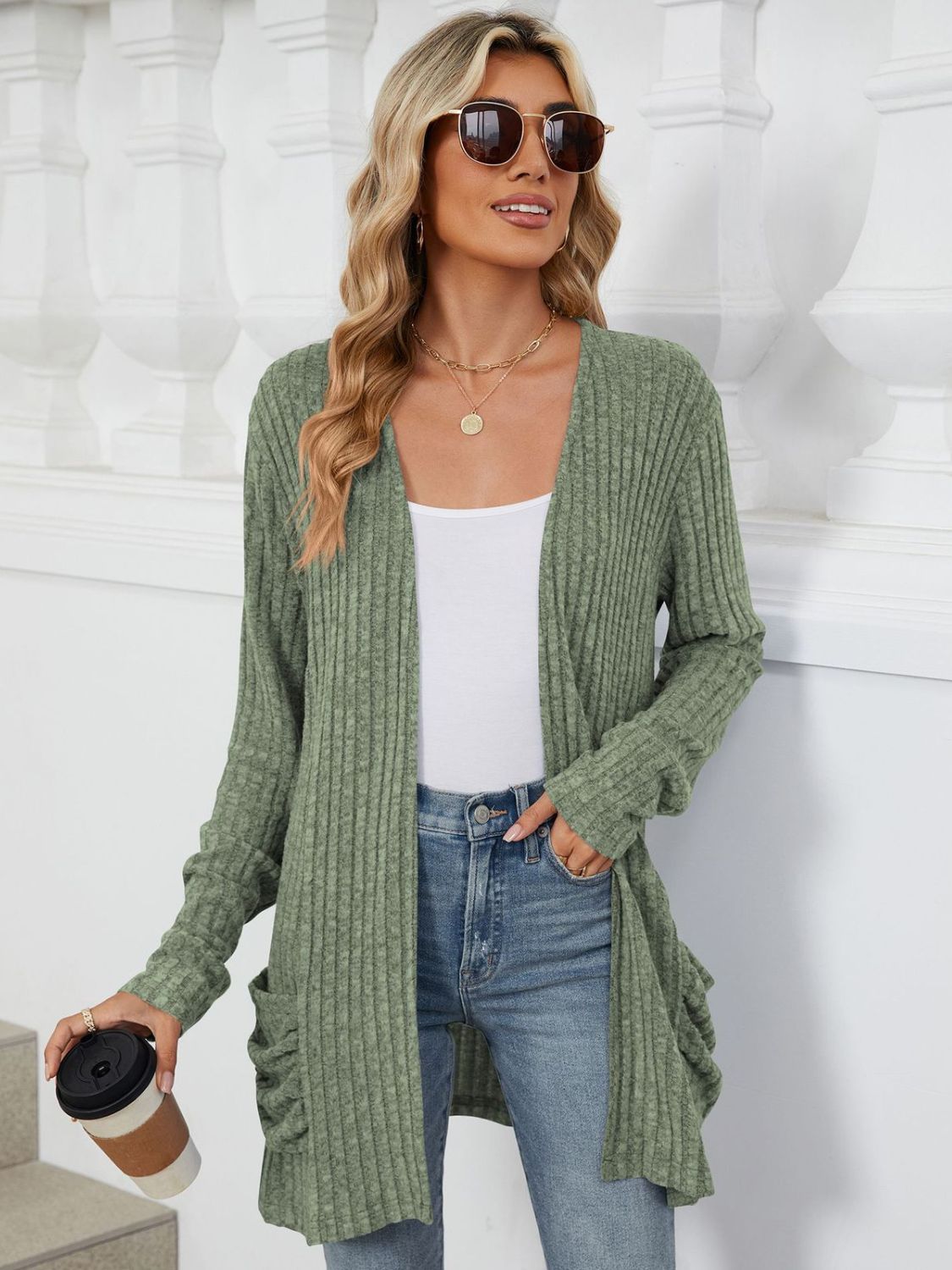 Blue Zone Planet | Pocketed Open Front Long Sleeve Cardigan-TOPS / DRESSES-[Adult]-[Female]-Matcha Green-S-2022 Online Blue Zone Planet