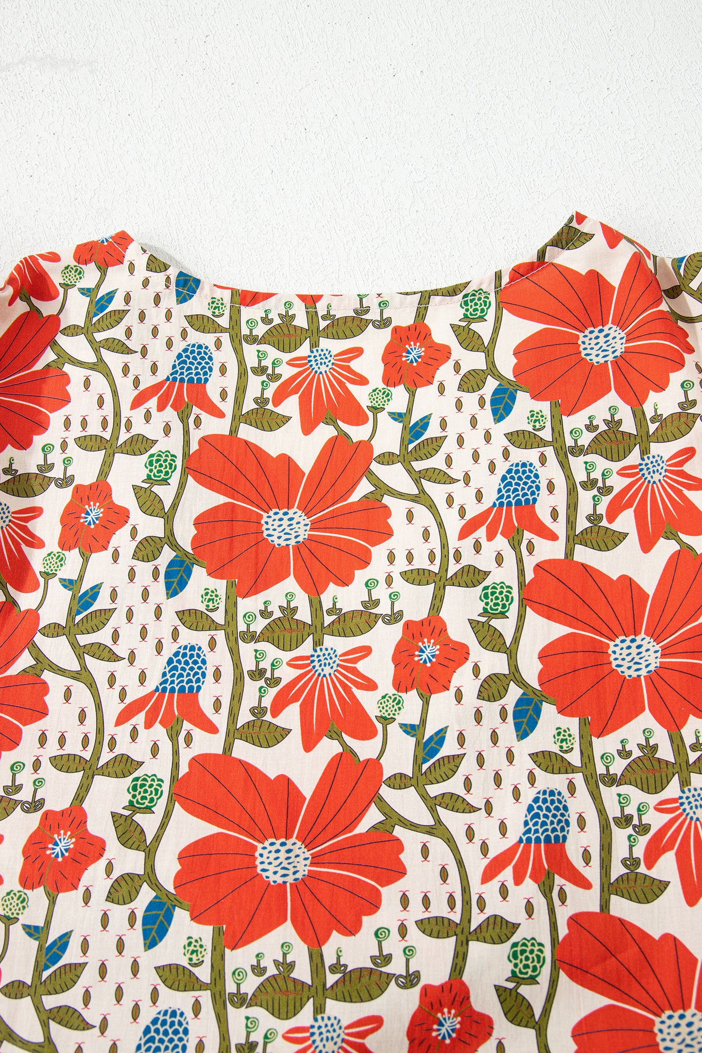 Red Floral Print Ricrac Trim V Neck 3/4 Sleeve Loose Mini Dress-TOPS / DRESSES-[Adult]-[Female]-2022 Online Blue Zone Planet