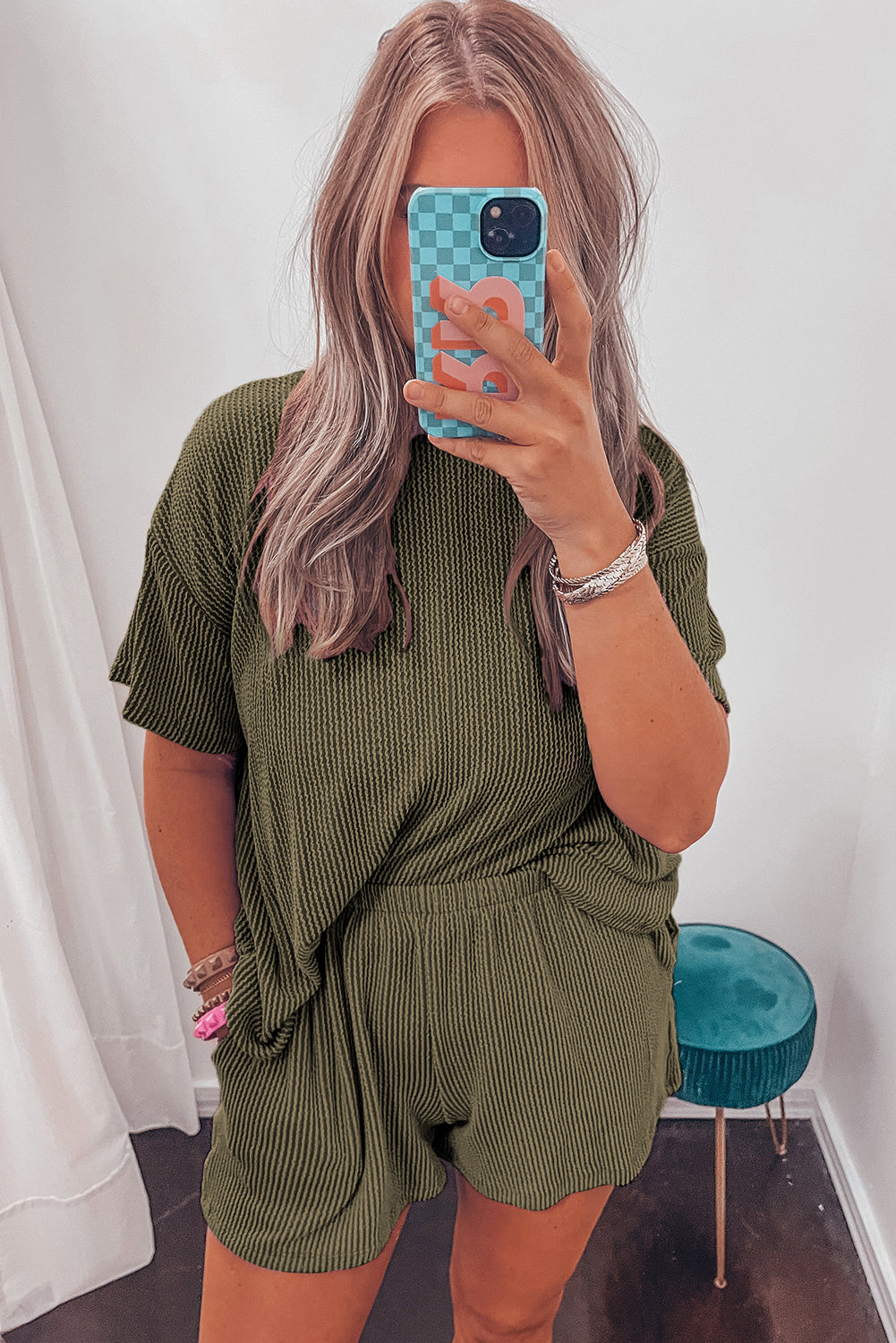 Carbon Grey Ribbed Textured Knit Loose Fit Tee and Shorts Set-Two Piece Sets/Short Sets-[Adult]-[Female]-2022 Online Blue Zone Planet