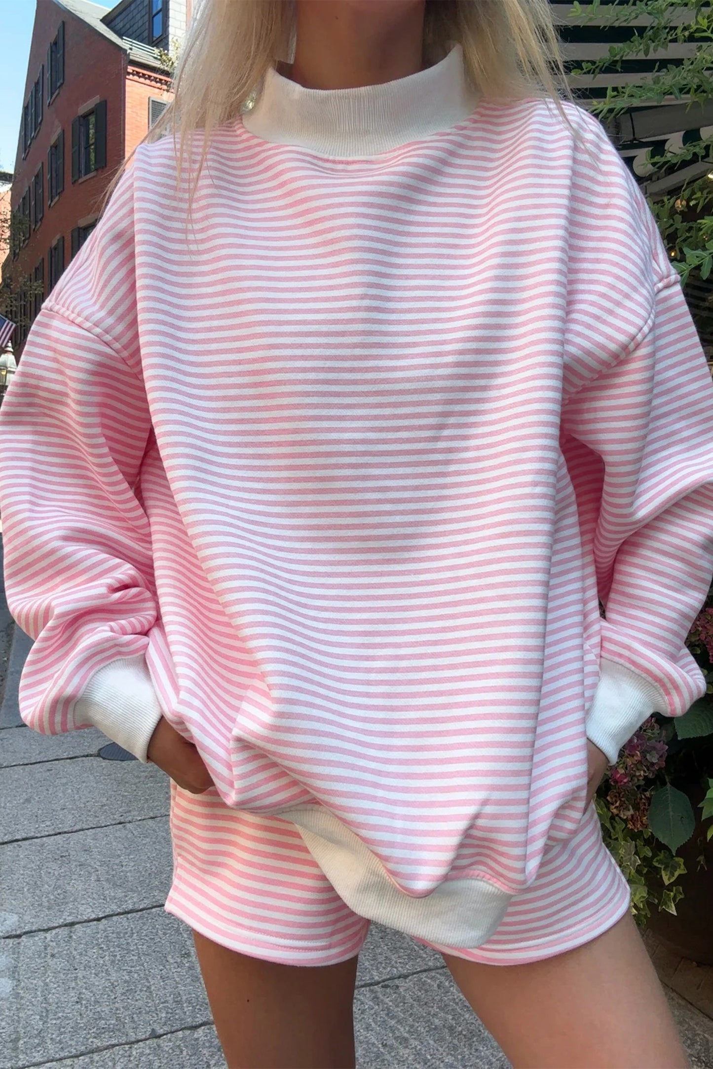 Pink Stripe Oversize Mock Neck Sweatshirt and Shorts Set-Pre Order Two Piece Sets-[Adult]-[Female]-2022 Online Blue Zone Planet