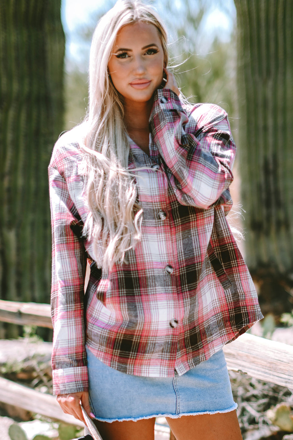 Pink Plaid Flap Pocket Button Up Shacket-Outerwear/Plaid Shackets-[Adult]-[Female]-Pink-S-2022 Online Blue Zone Planet