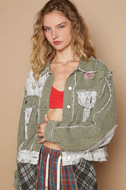 POL Crochet Patch Embroidered Button Up Jacket-TOPS / DRESSES-[Adult]-[Female]-Olive Multicolor-S-2022 Online Blue Zone Planet