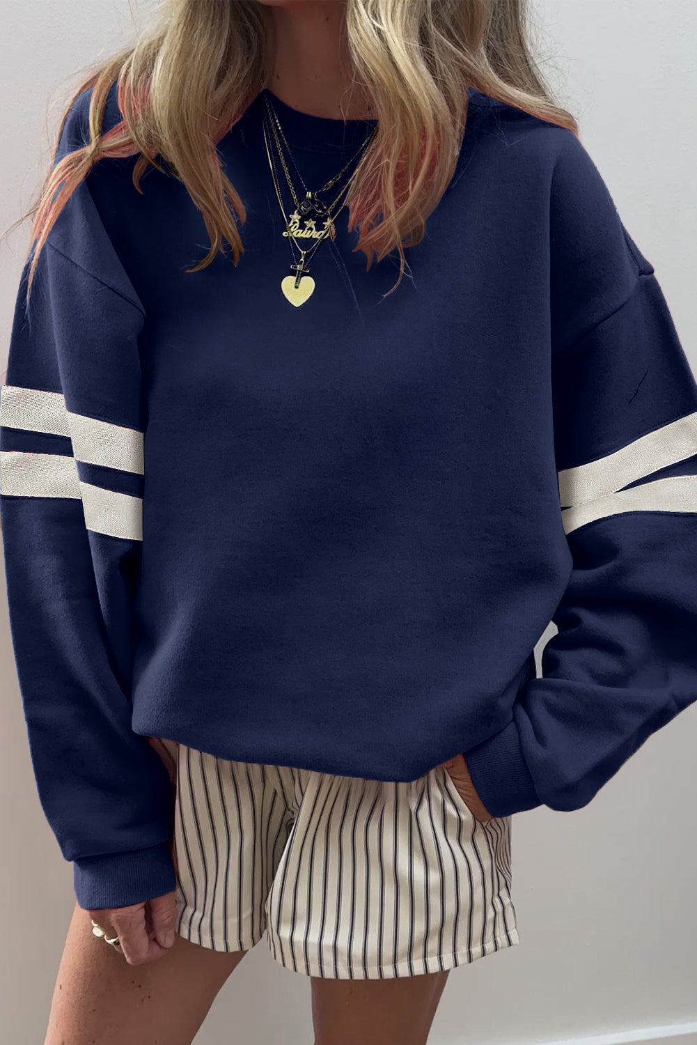 Kim's Navy Blue Varsity Striped Detail Drop Shoulder Oversized Sweatshirt-Tops/Sweatshirts & Hoodies-[Adult]-[Female]-2022 Online Blue Zone Planet