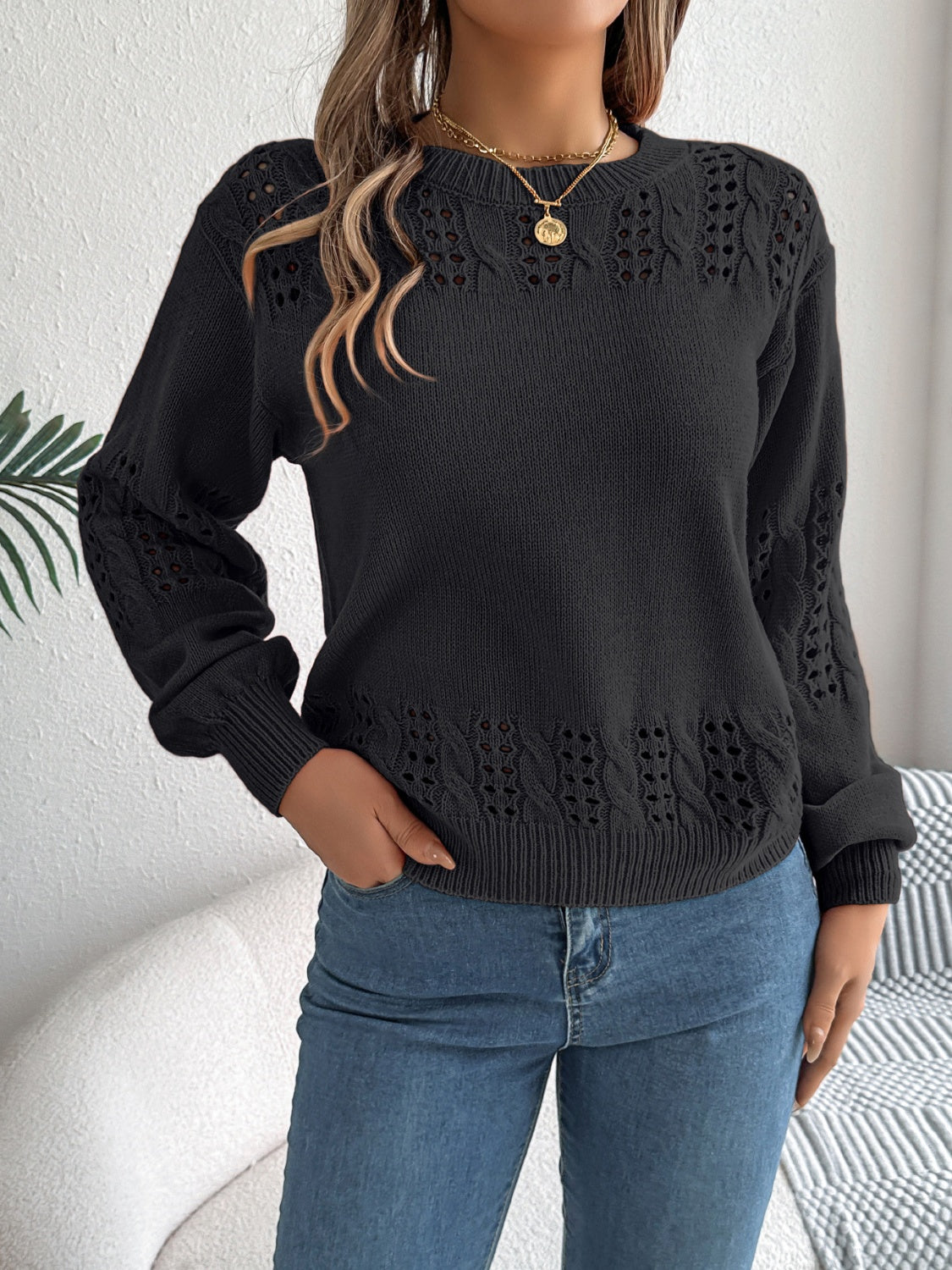 Openwork Round Neck Long Sleeve Sweater-TOPS / DRESSES-[Adult]-[Female]-2022 Online Blue Zone Planet