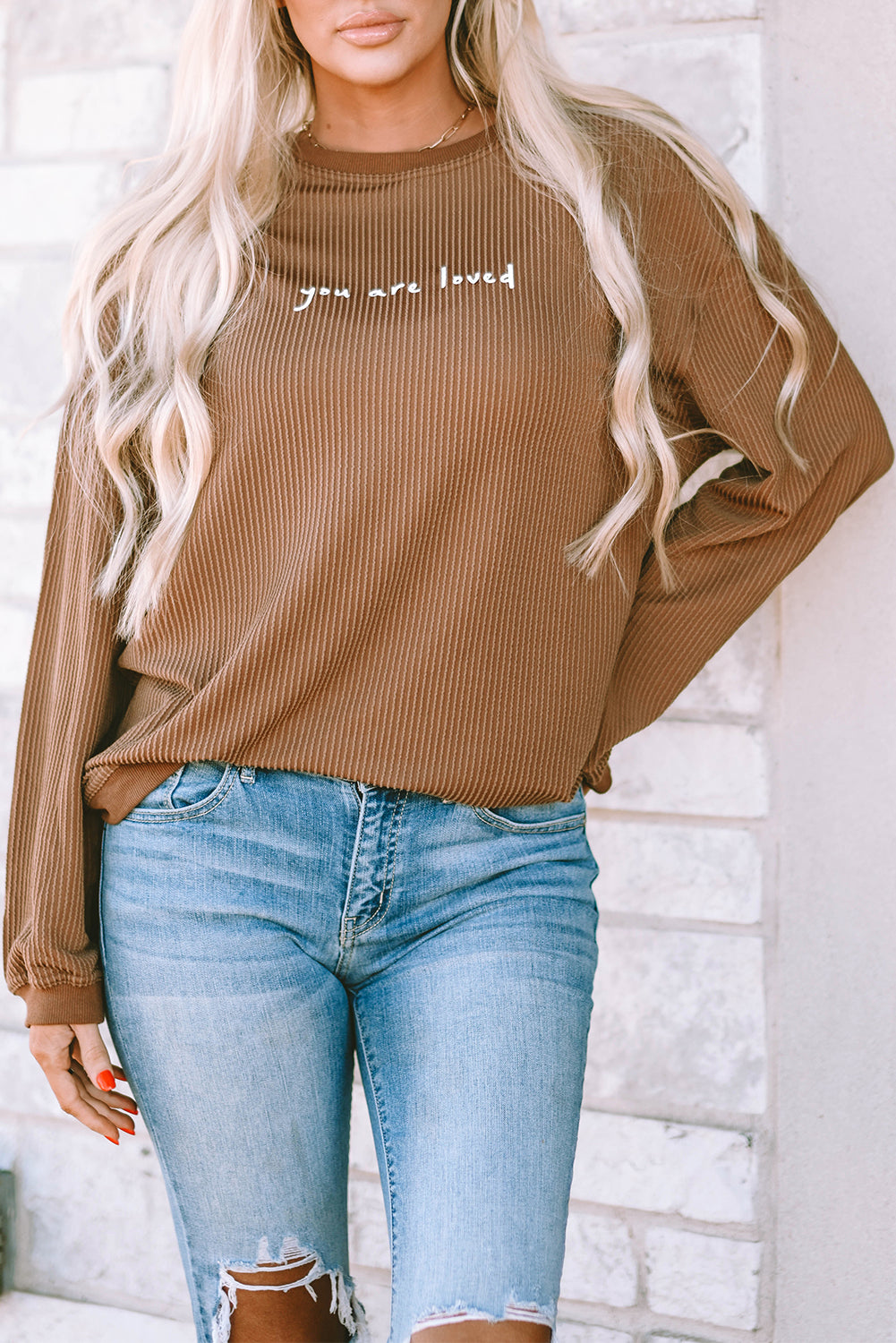 Khaki You Are Loved Print Corduroy Sweatshirt-Sale (50% OFF)/30% OFF-[Adult]-[Female]-2022 Online Blue Zone Planet