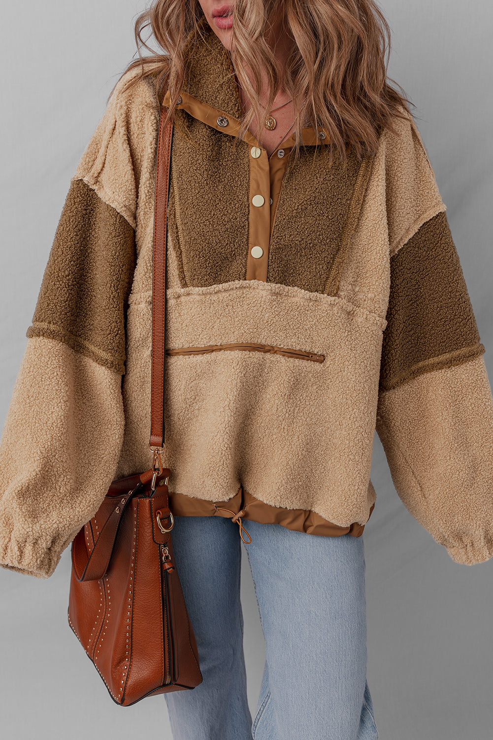 Straw Yellow 2-tone Color Block Patchwork Half Button Sherpa Sweatshirt-Tops/Sweatshirts & Hoodies-[Adult]-[Female]-2022 Online Blue Zone Planet