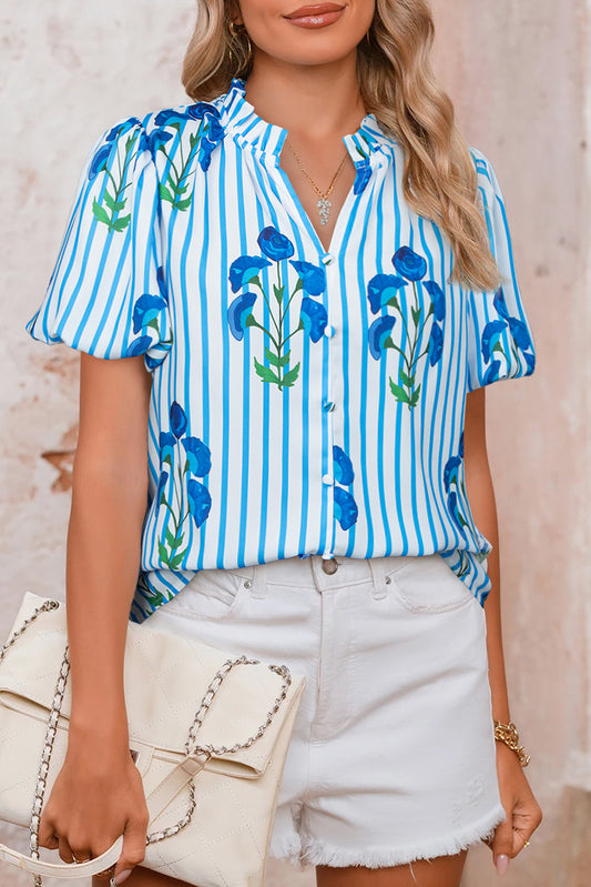 Sky Blue Stripe Floral Buttoned Frilly Notched Neck Puff Sleeve Summer Blouse-Tops/Blouses & Shirts-[Adult]-[Female]-Sky Blue Stripe-S-2022 Online Blue Zone Planet